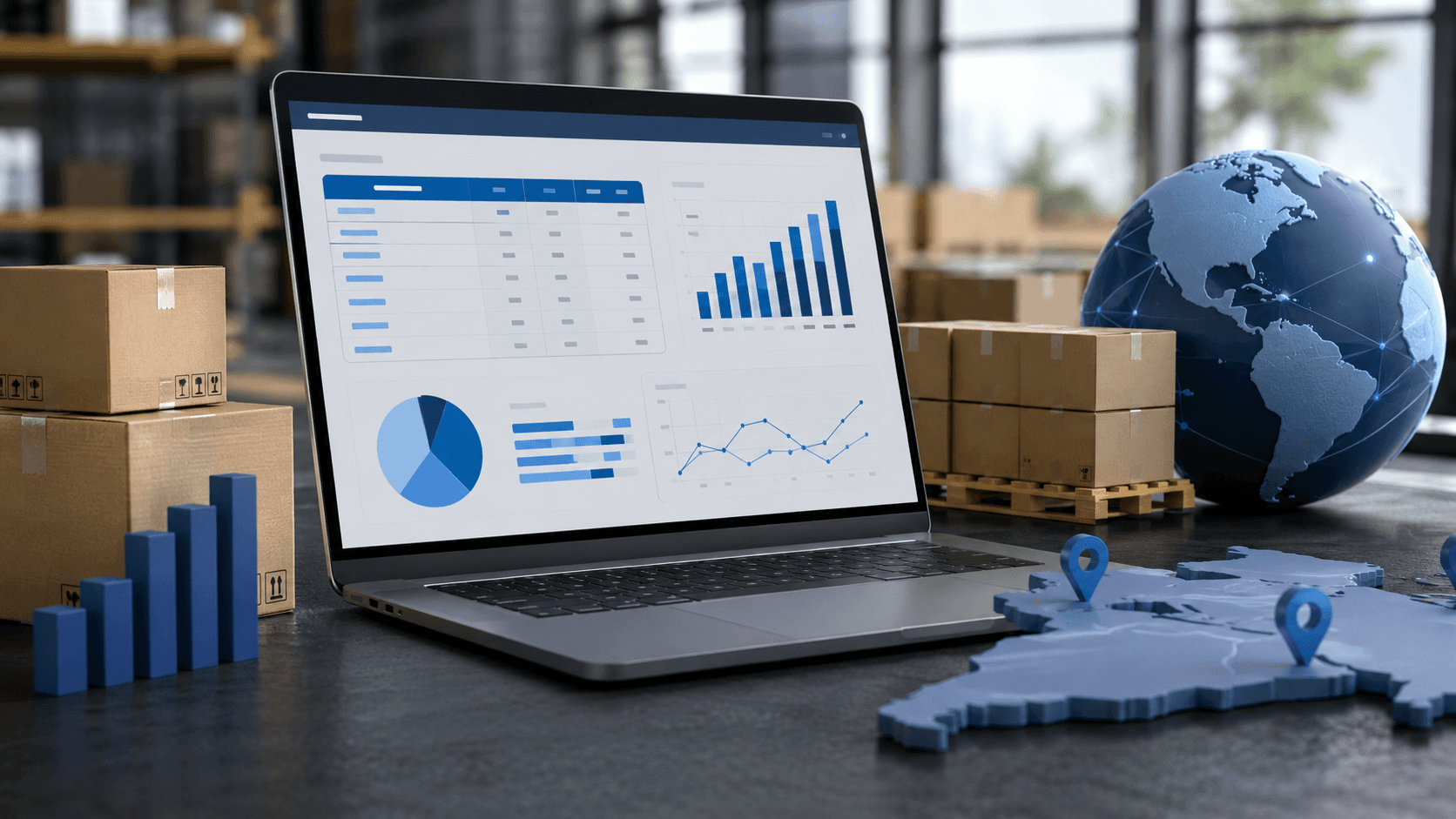 Ilustração 3D realista de um ambiente corporativo B2B com notebook exibindo diferentes tabelas de preços organizadas por categorias, gráficos e segmentos de clientes. Ao redor do notebook há caixas de produtos, mapa com marcações regionais e elementos de logística e distribuição, representando precificação por CNPJ, volume, região e negociação individual. Cena moderna, limpa e profissional, sem pessoas e sem texto.
