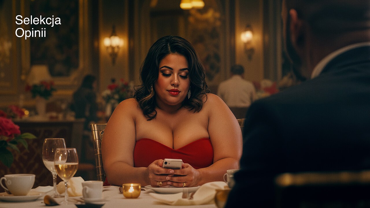 A woman in a red dress looks at her smartphone while on a dinner date in an elegant, upscale restaurant.