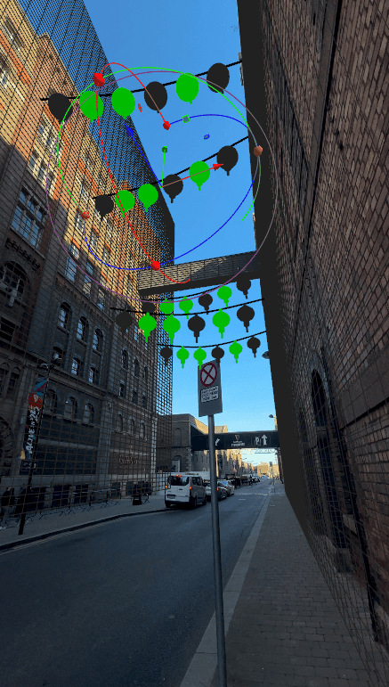 A technical plate shows green tracking markers used to map the 3D assets into the real-world street scene