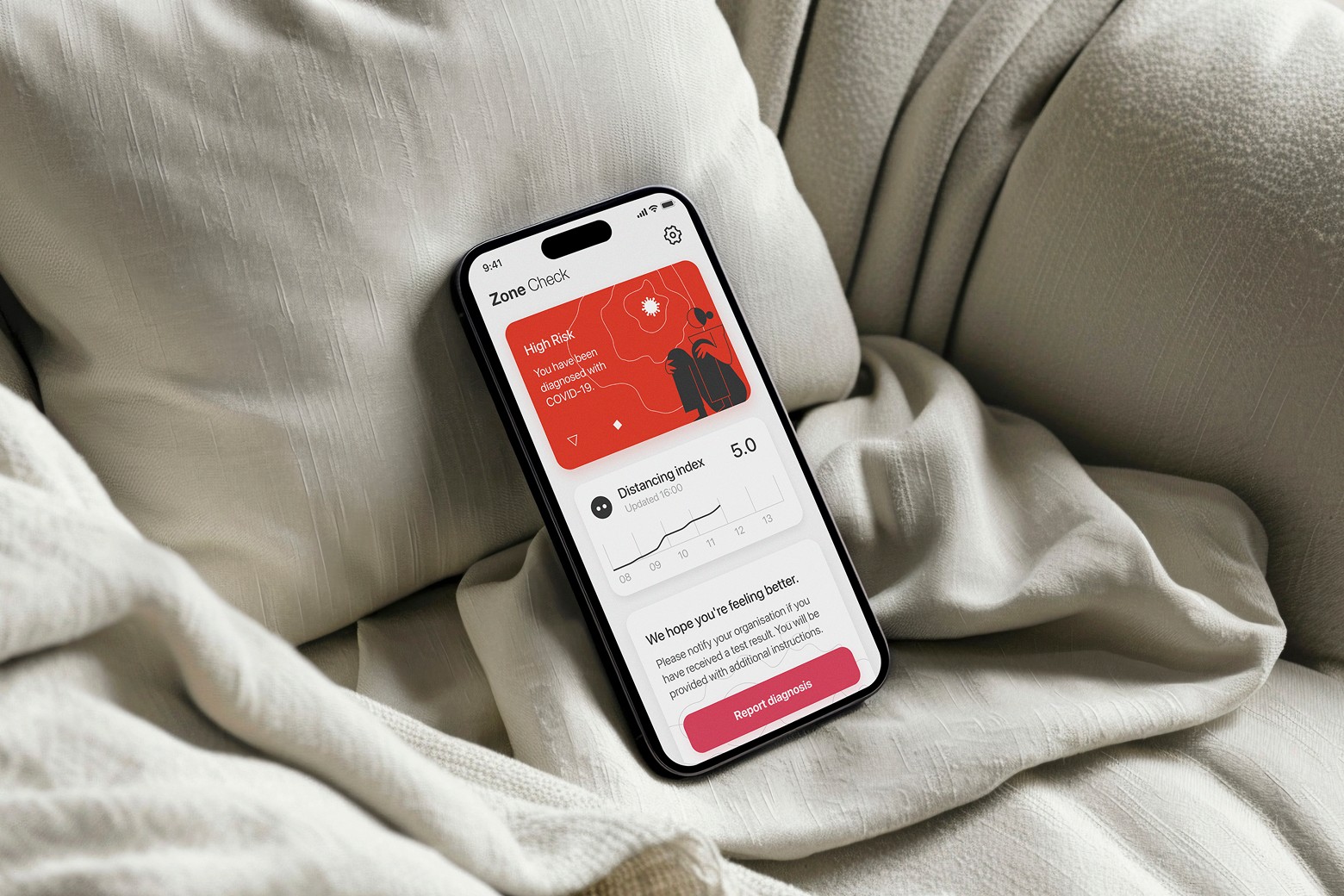 Smartphone displaying PWC Zone Check app with high risk COVID-19 exposure alert
