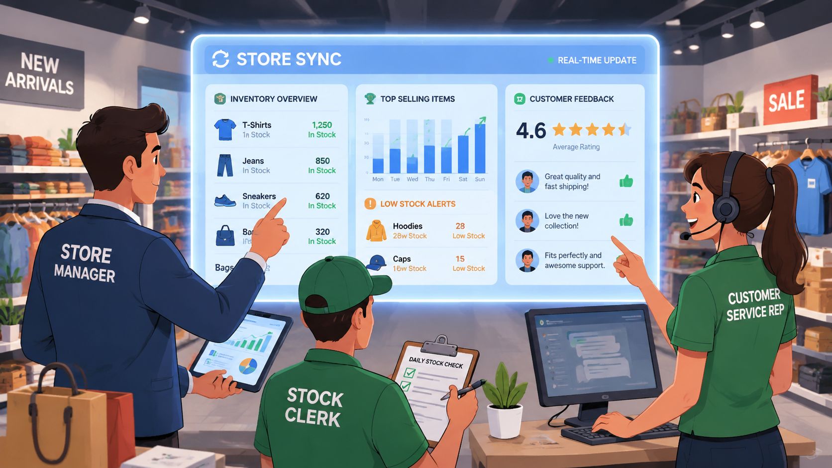 A store manager, stock clerk, and customer service representative collaborating while looking at a digital store dashboard.