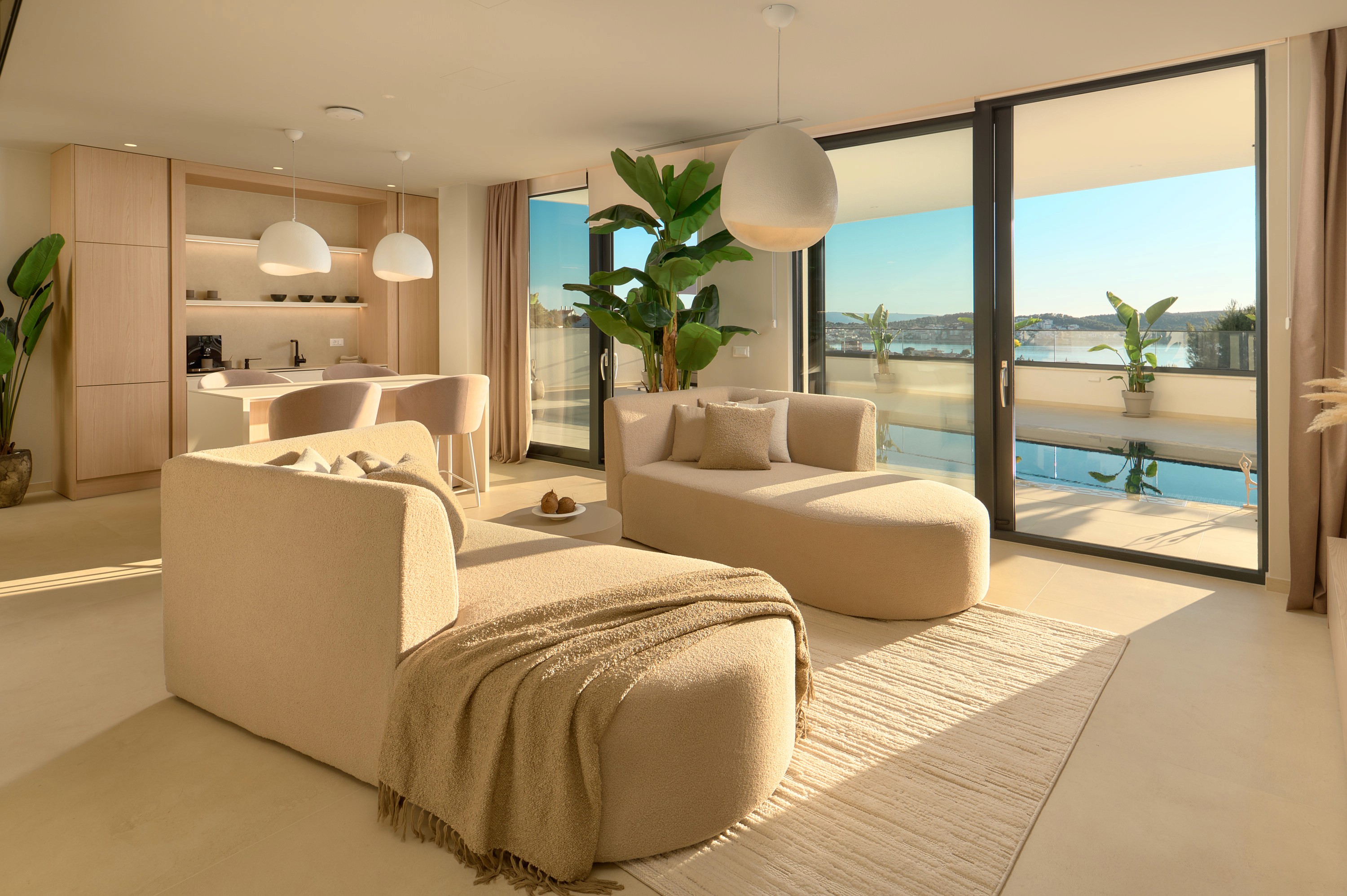 Large modern interior space with concrete walls