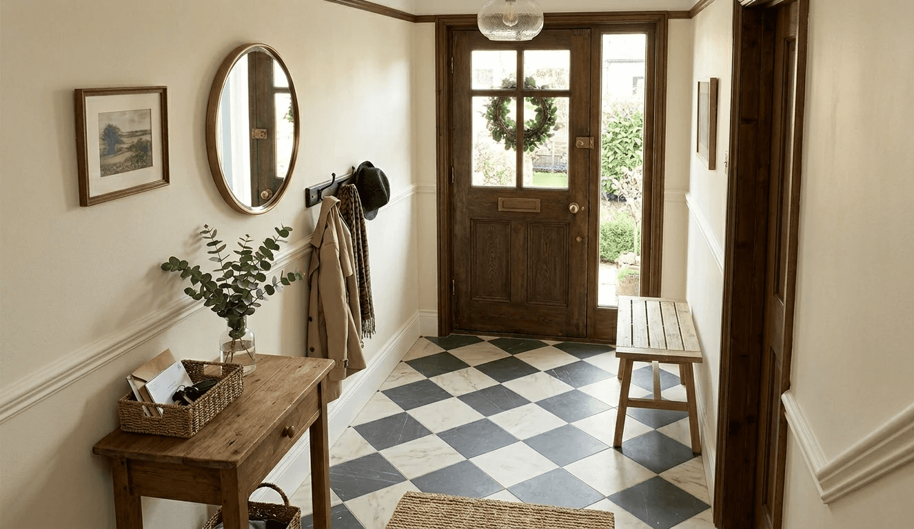Narrow entry hall featuring a black and white checkerboard tile floor, dark stained wood front door with glass panels, rustic wood console table, round brass-framed mirror, coat hooks, woven baskets, and a simple wooden bench.