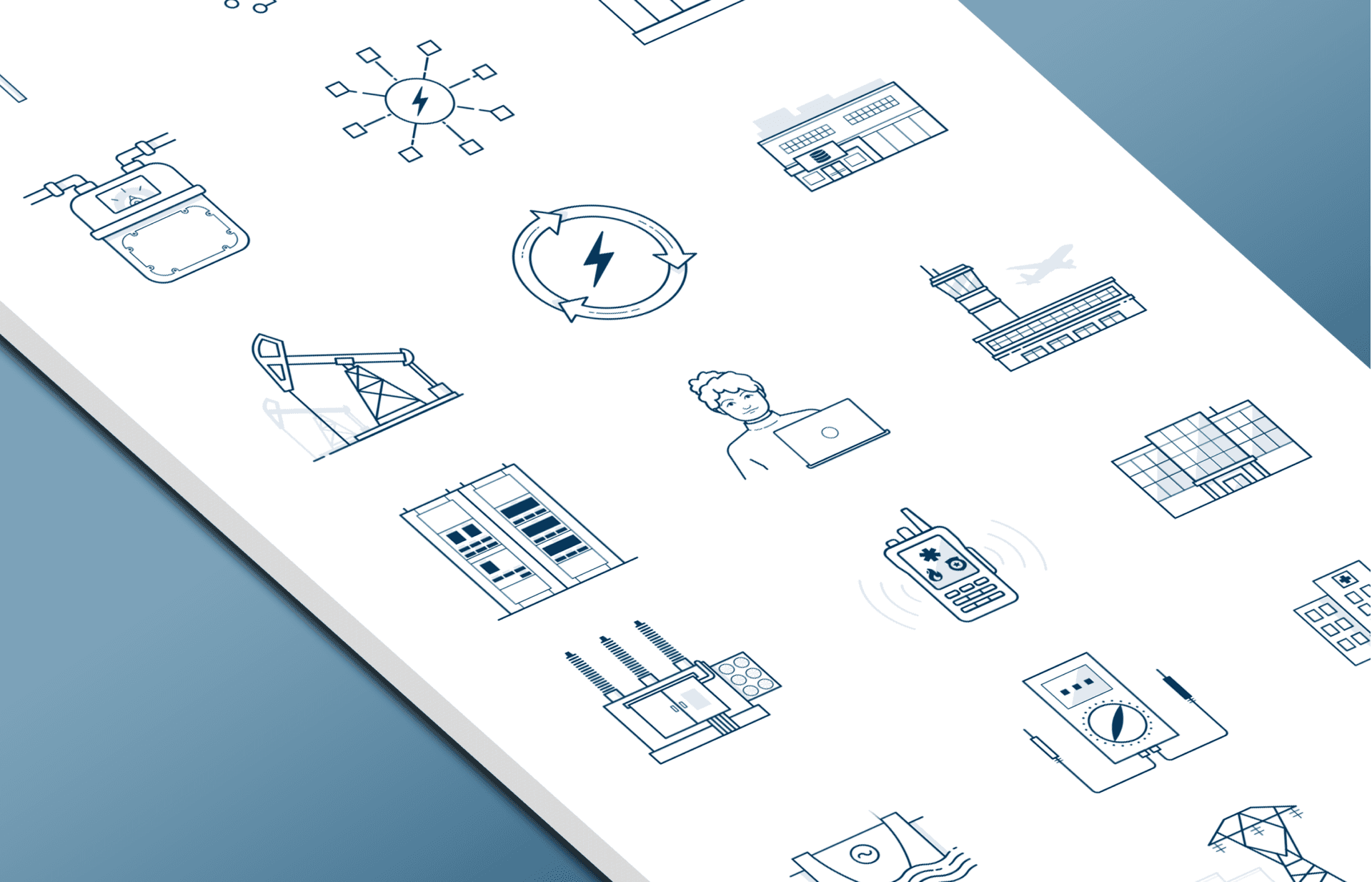 An isometric perspective panel with an assortment of pictograms covering the surface
