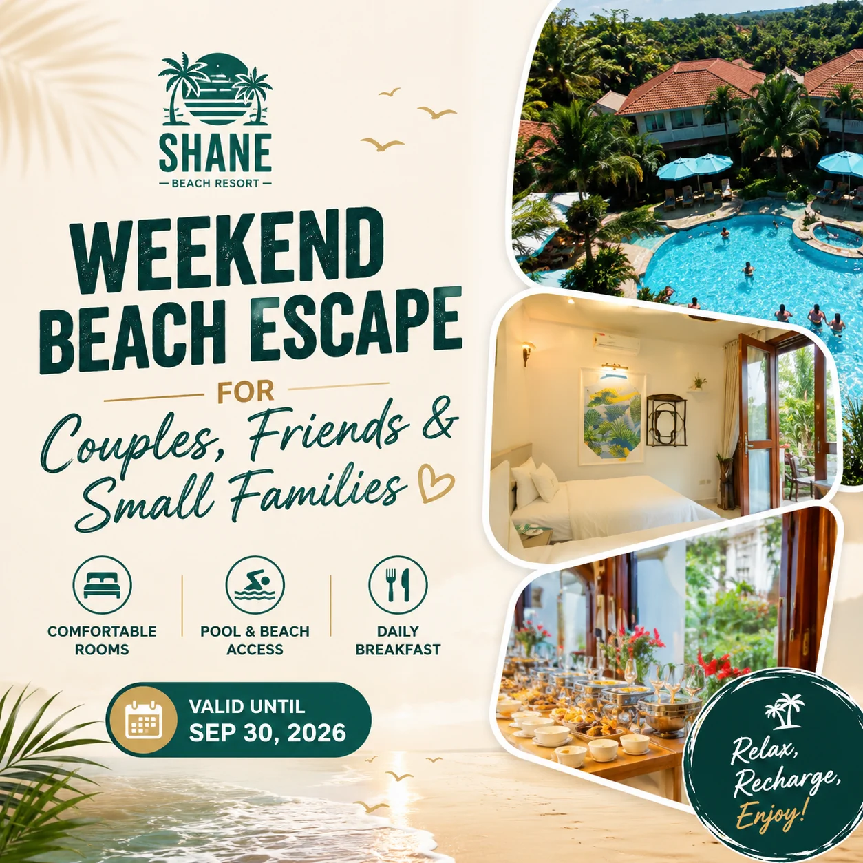 Travel promotion banner showing outdoor activities, food, and resort offer details.