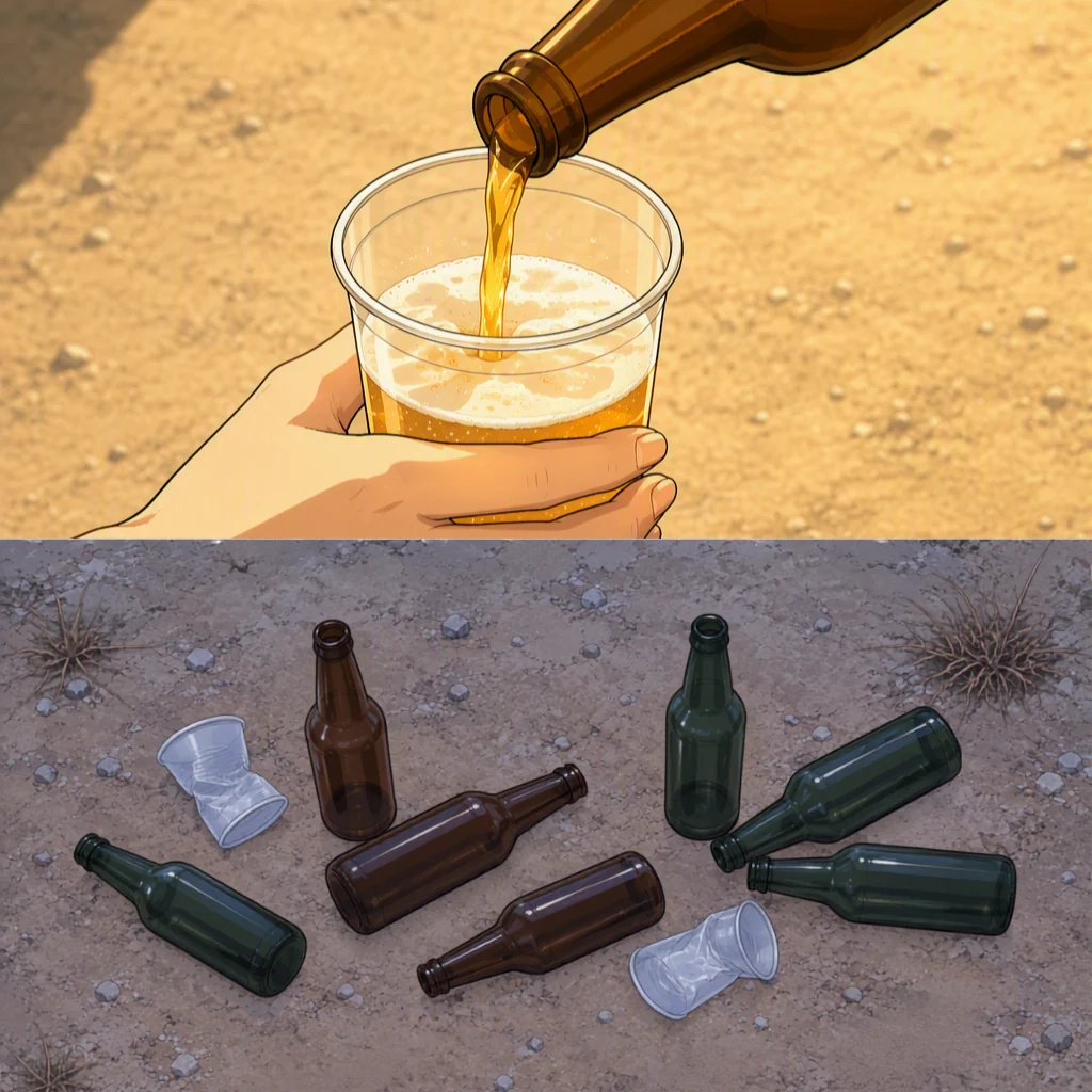 Arriba, una mano sostiene un vaso de plástico mientras otra lo llena desde una botella. Abajo, botellas vacías y vasos aplastados tirados en la tierra.