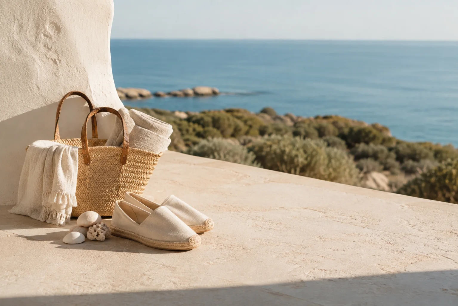 Linge blanc et panier posés sur une terrasse face à la mer