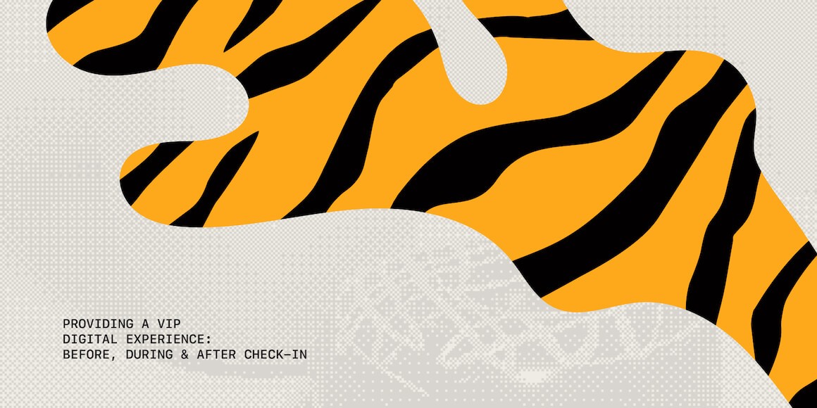 Abstract tiger-stripe organic shape illustration with text 'Providing a VIP Digital Experience: Before, During & After Check-In'