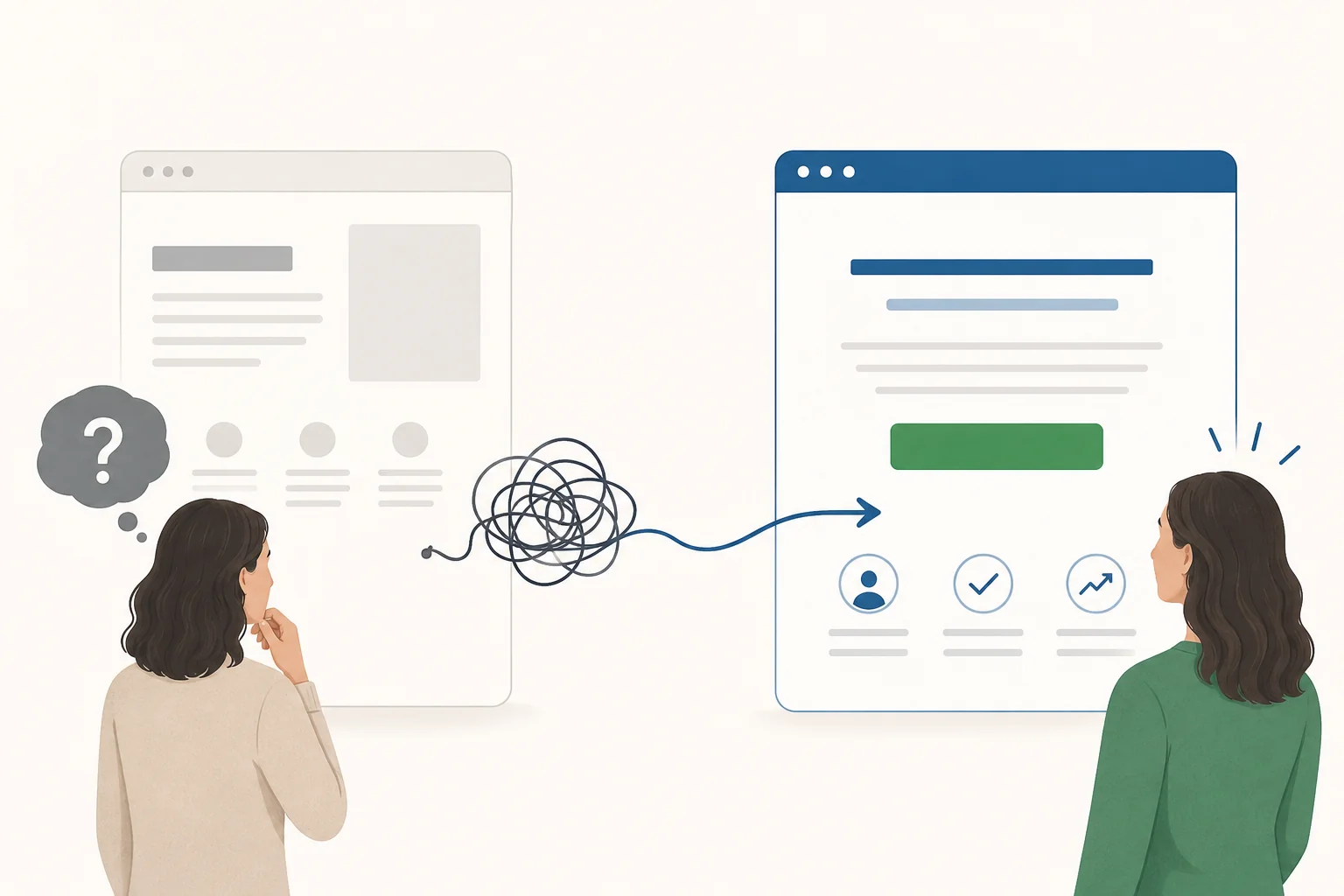A confused visitor facing a vague, unclear website on the left versus a confident visitor facing a clear, well-structured website with an obvious call-to-action button on the right, showing the impact of clear messaging.