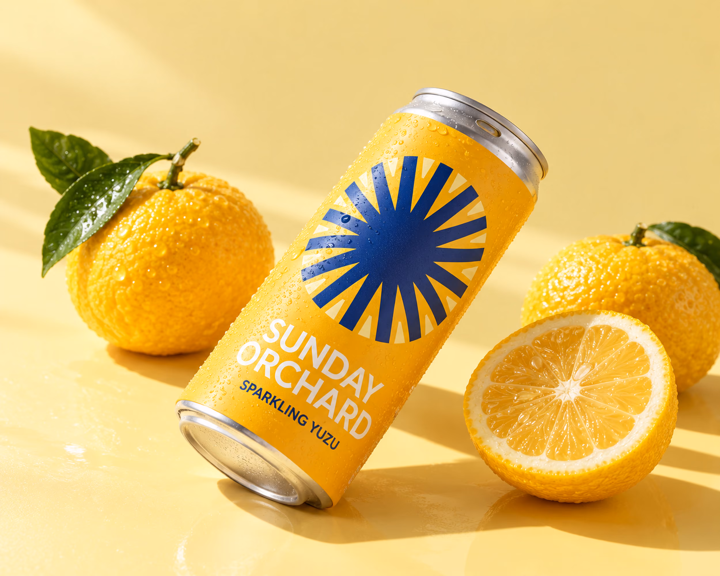 Yellow Sunday Orchard sparkling yuzu can beside fresh yuzu fruit