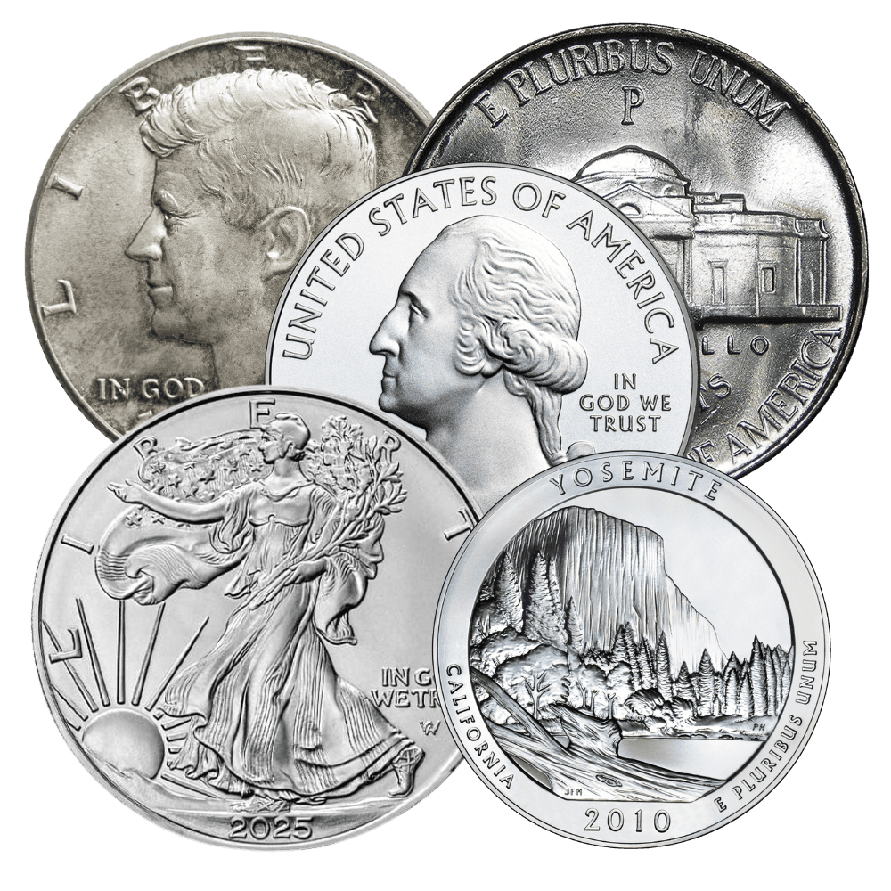 Group of American Silver Eagles, 90 percent silver Kennedy half dollars, and America the Beautiful 5 oz silver coins.