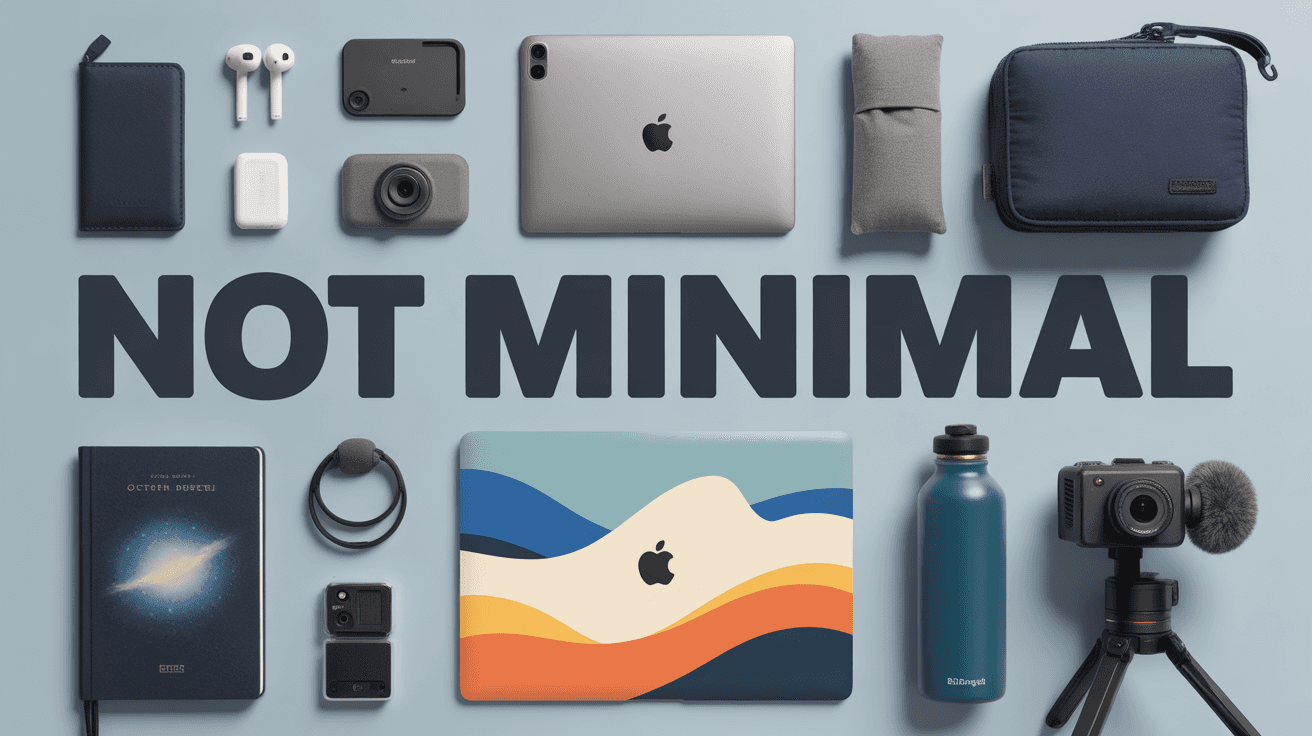 Top-down everyday carry layout around laptop with NOT MINIMAL headline