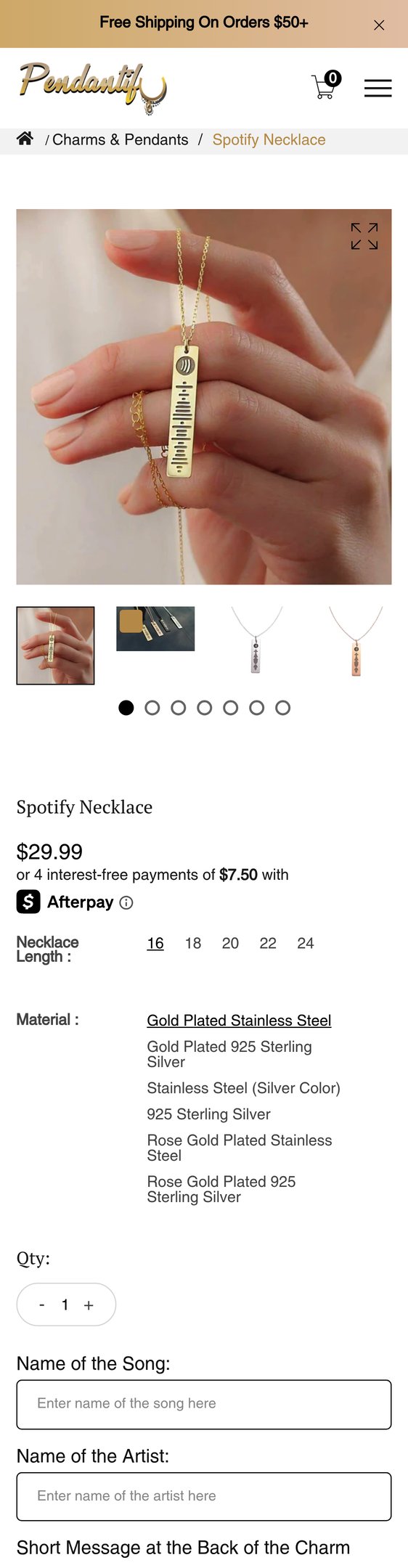 Jewelry product options include: necklace for Spotify Necklace from Pendantify.