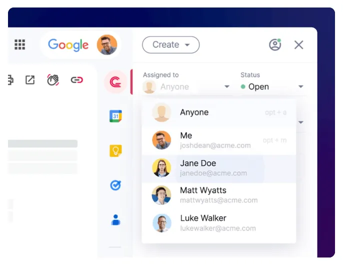 A screenshot showing Gmelius' Chrome Extension UI: A side panel with a ticket.