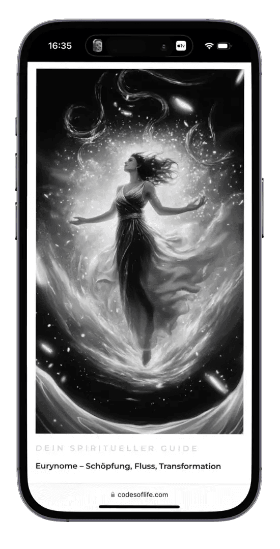 Handy Mock-Up mit einer Abbildung der Göttin Eurynome als spirituellen Guide, den Codes of Life® jeder Variablen Konstellation zuordnet.