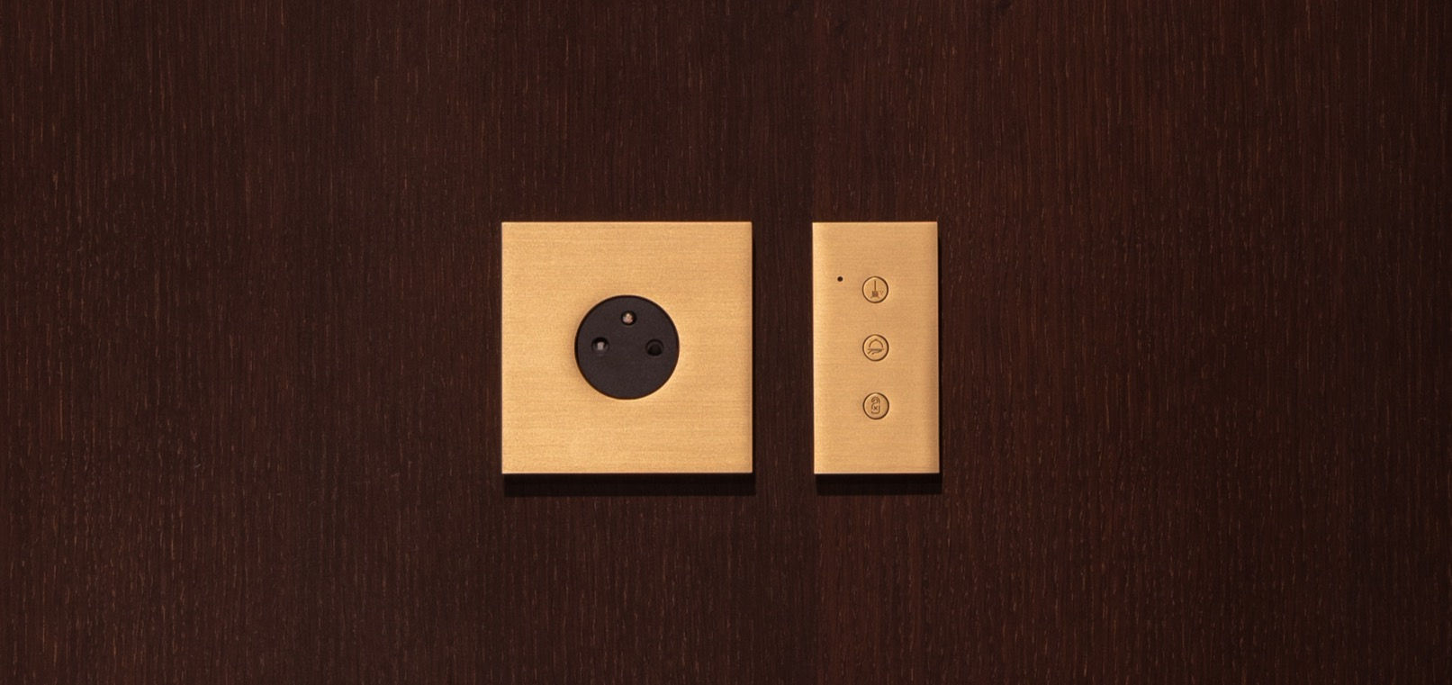 Gold electrical outlet and remote on dark wood panel.