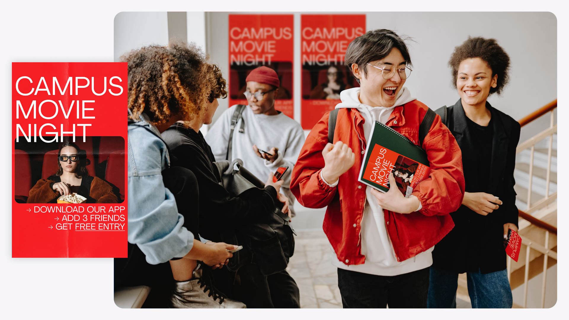 A promotional image for "Campus Movie Night" features four young adults gathered indoors. One person holds a green book titled "Campus Movie Night," while another holds a bag of popcorn. A red box in the corner displays text: "DOWNLOAD OUR APP," "ADD 3 FRIENDS," and "GET FREE ENTRY." The background includes red posters with the event title.