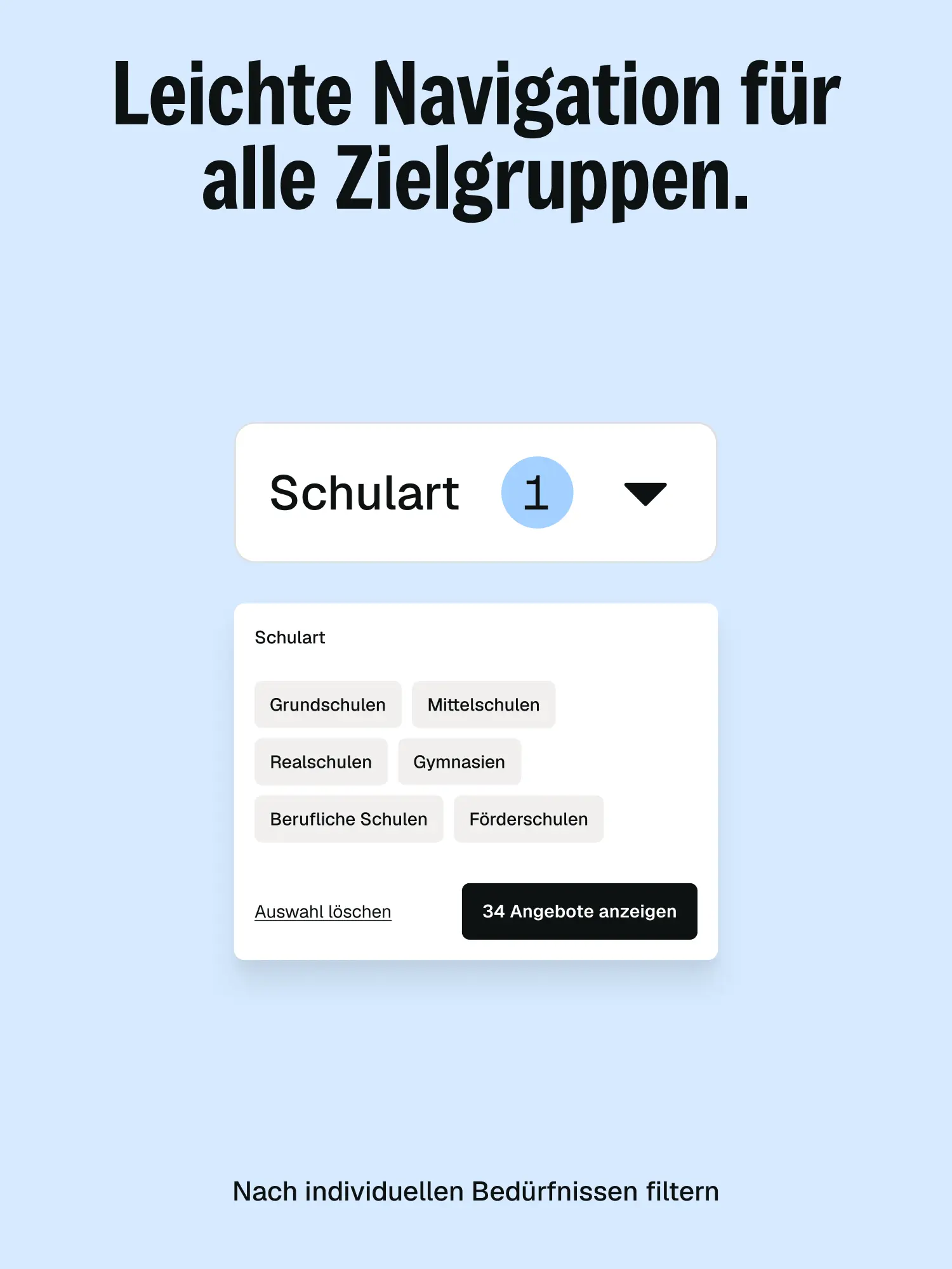 UI-Mockup: Filter „Schulart“ mit Auswahl und Button „34 Angebote anzeigen“