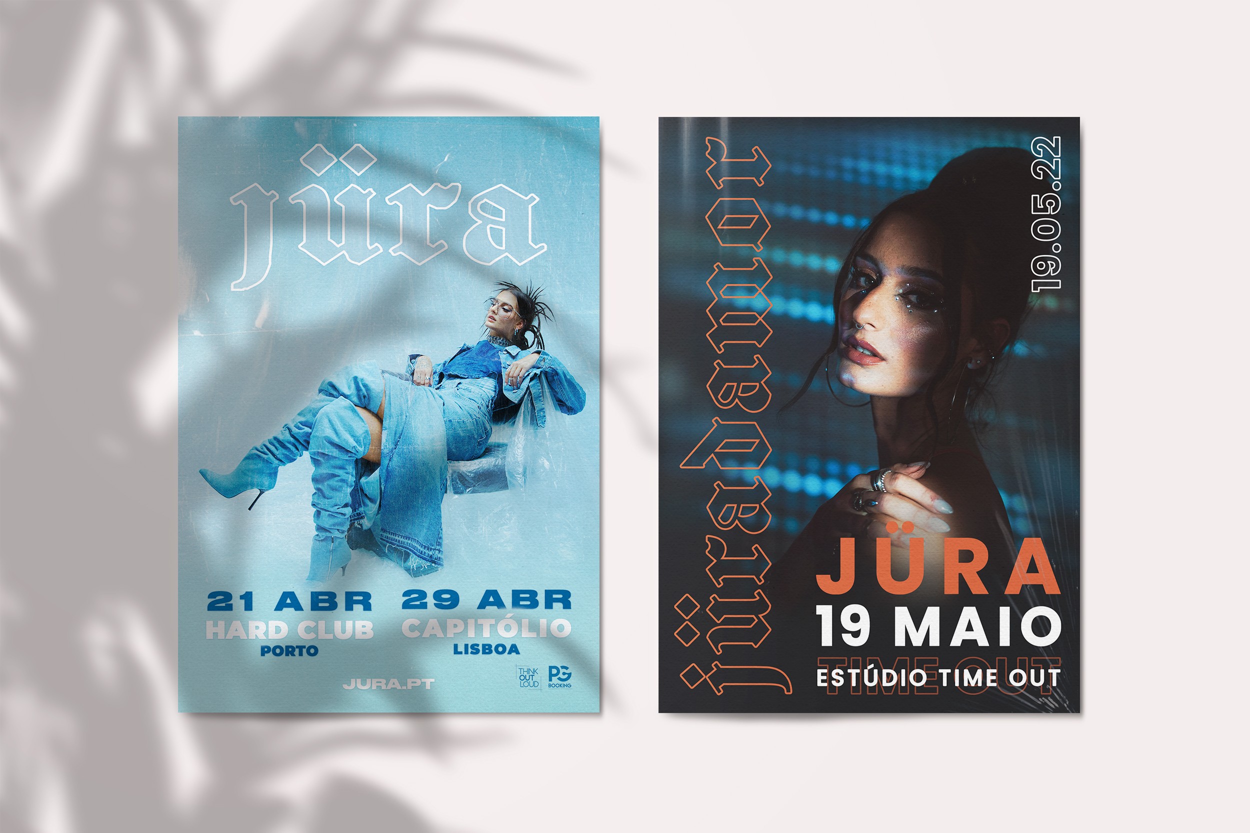 Promotional concert posters for Jura live shows featuring editorial photography and modern typographic layout.