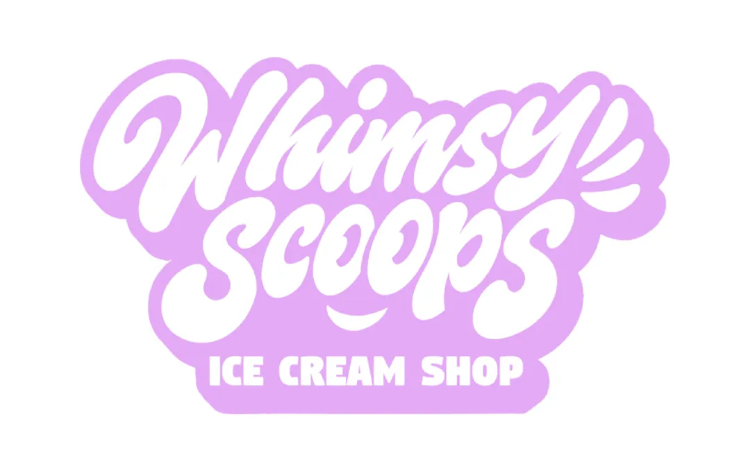 Whimsy Scoops Ice Cream Shop logo in playful purple lettering