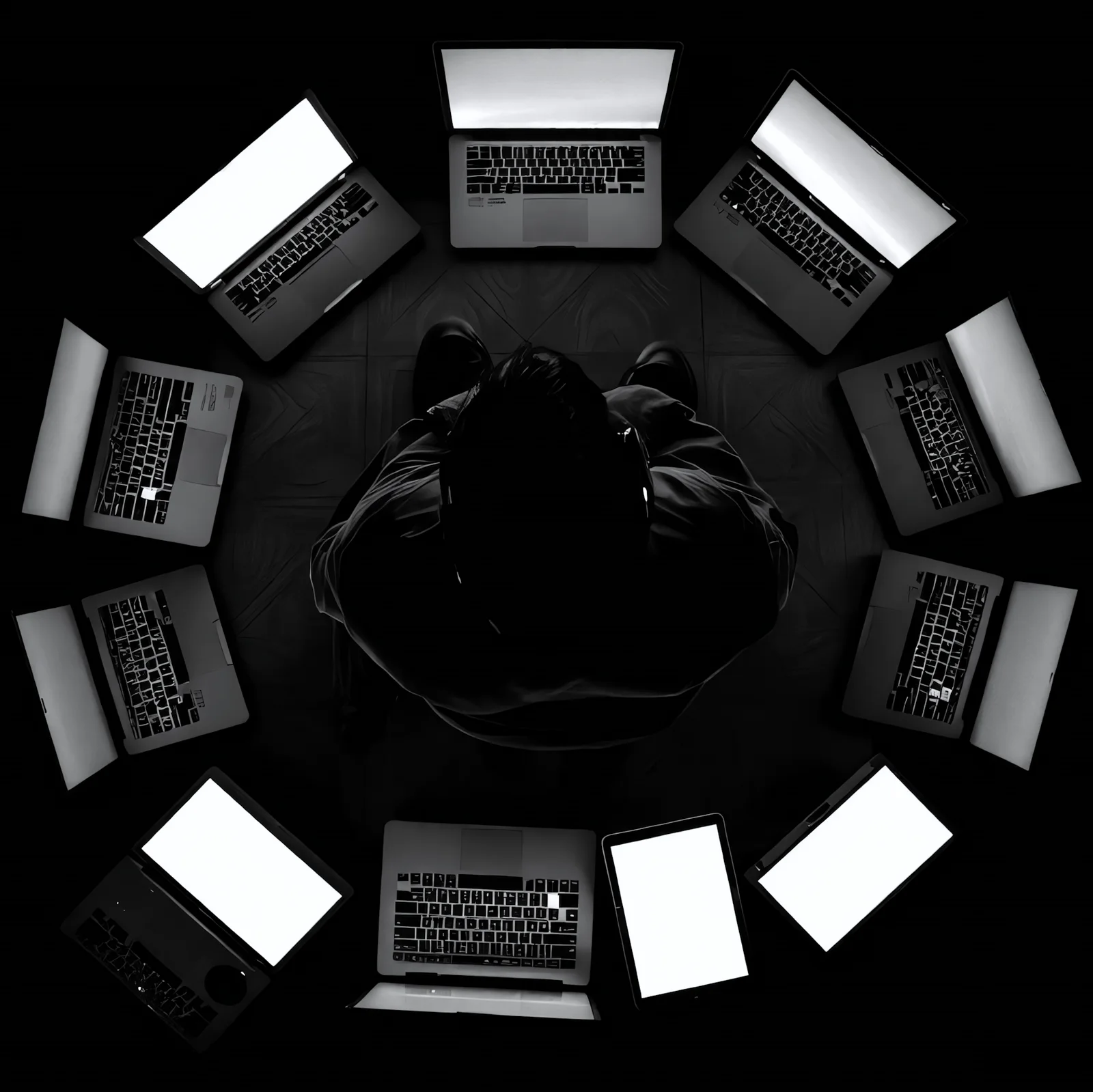 Ten laptops in a ring around a person, seen from above