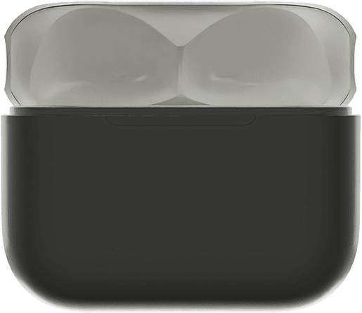 A sleek, black charging case with a transparent lid, resembling a small rectangular box.