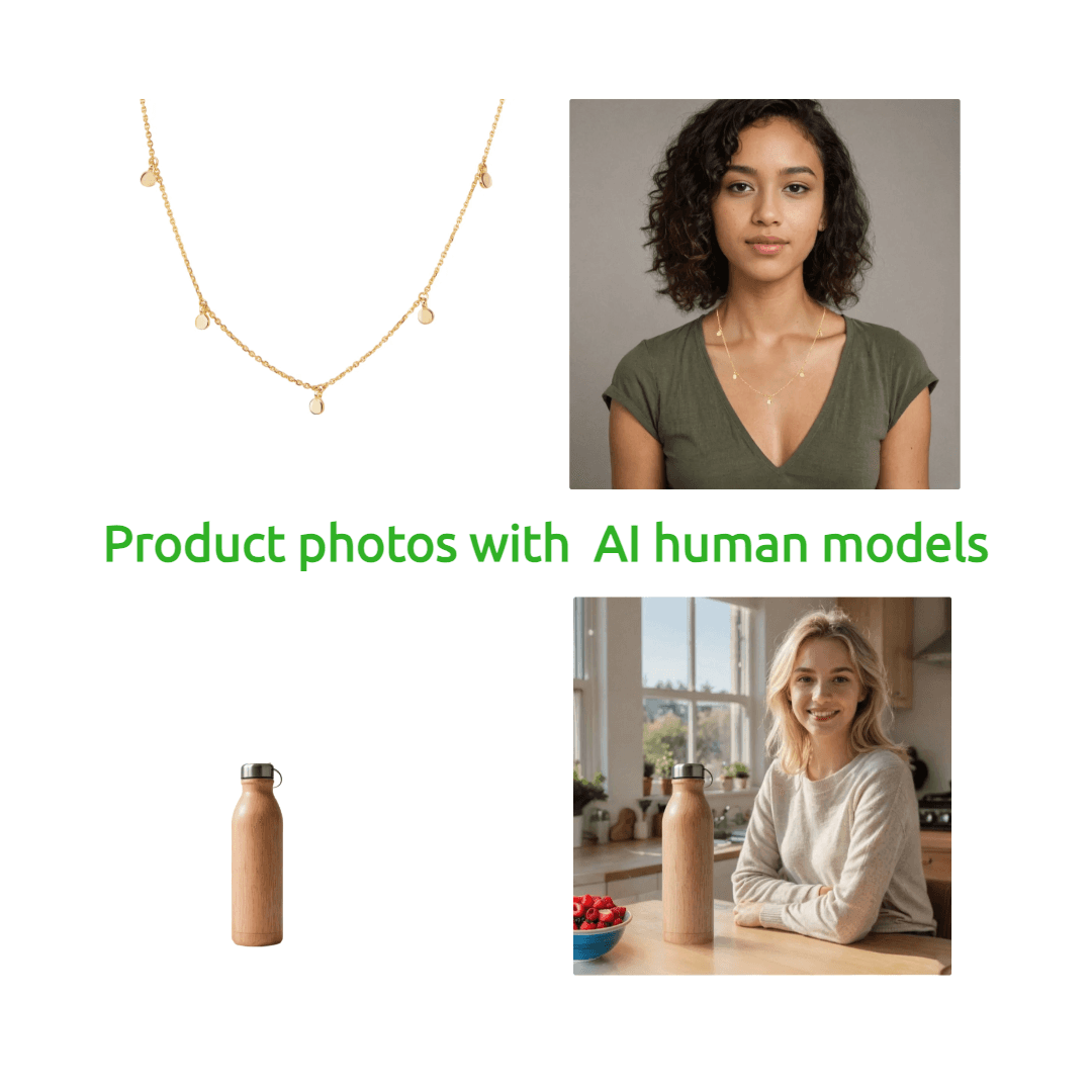 plain white photo and lifestyle photo with AI human models