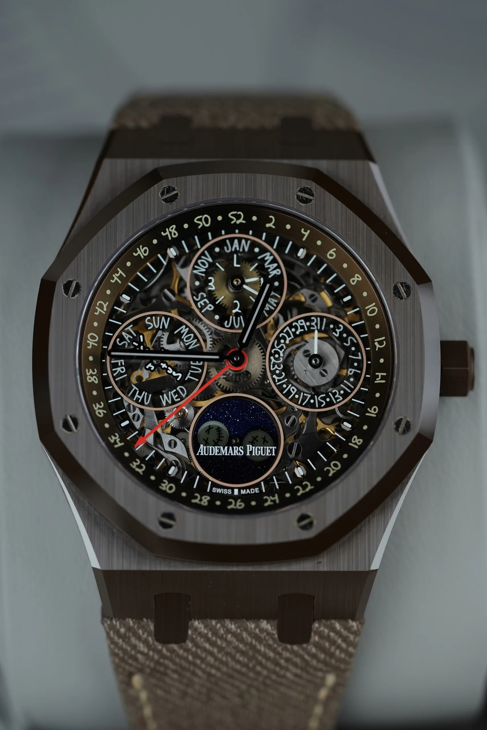 Front view of the Audemars Piguet Royal Oak Perpetual Calendar Travis Scott Cactus Jack 26585CM with openworked dial