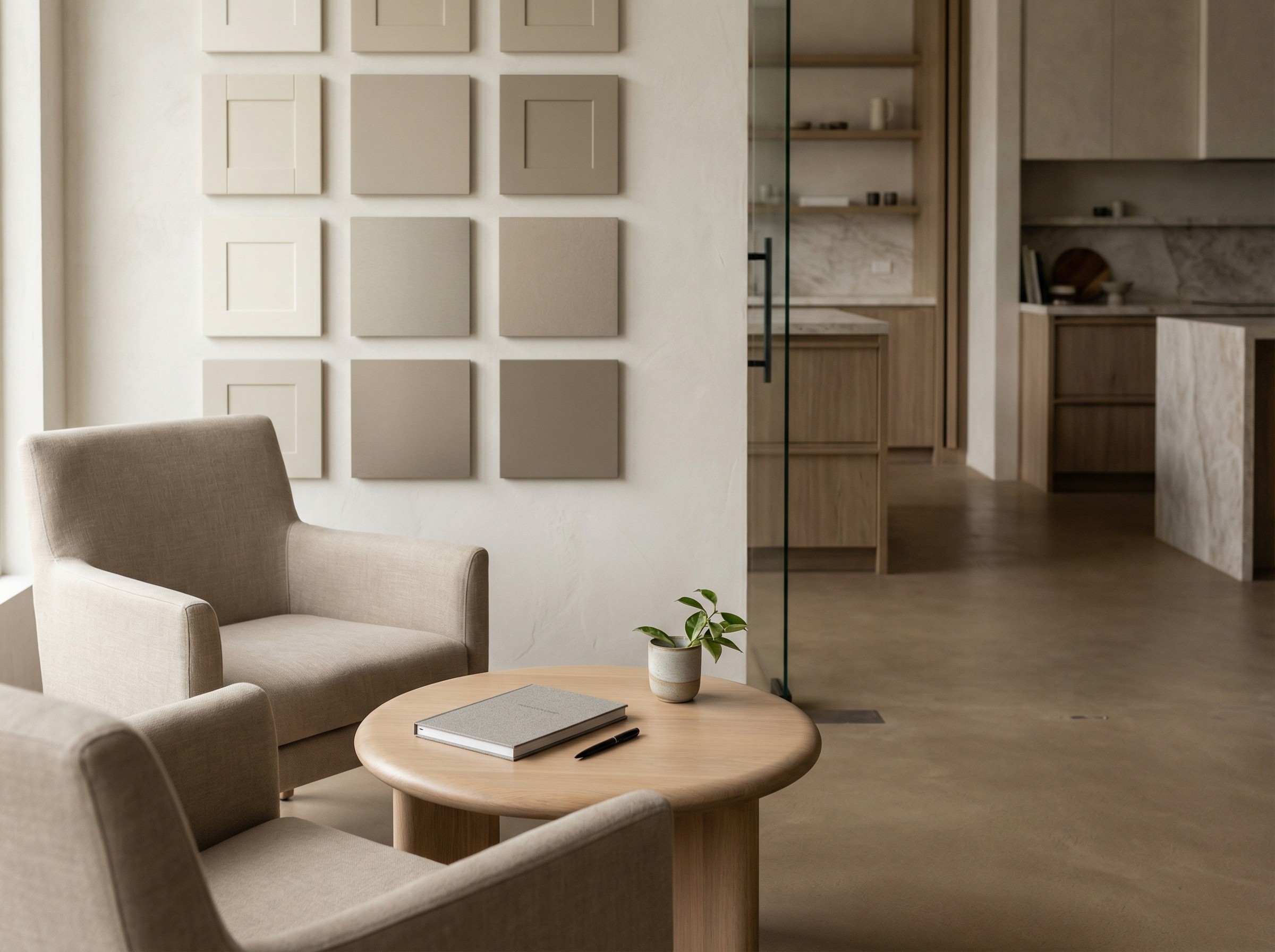 Ein ruhiger Beratungsraum mit zwei Stühlen, einem aufgeräumten Tisch und an der Wand hängenden Frontmustern. Ein Block und ein Stift liegen bereit. Durch die Glastür sieht man dezent weitere Musterflächen. Der Raum wirkt strukturiert und wartend.