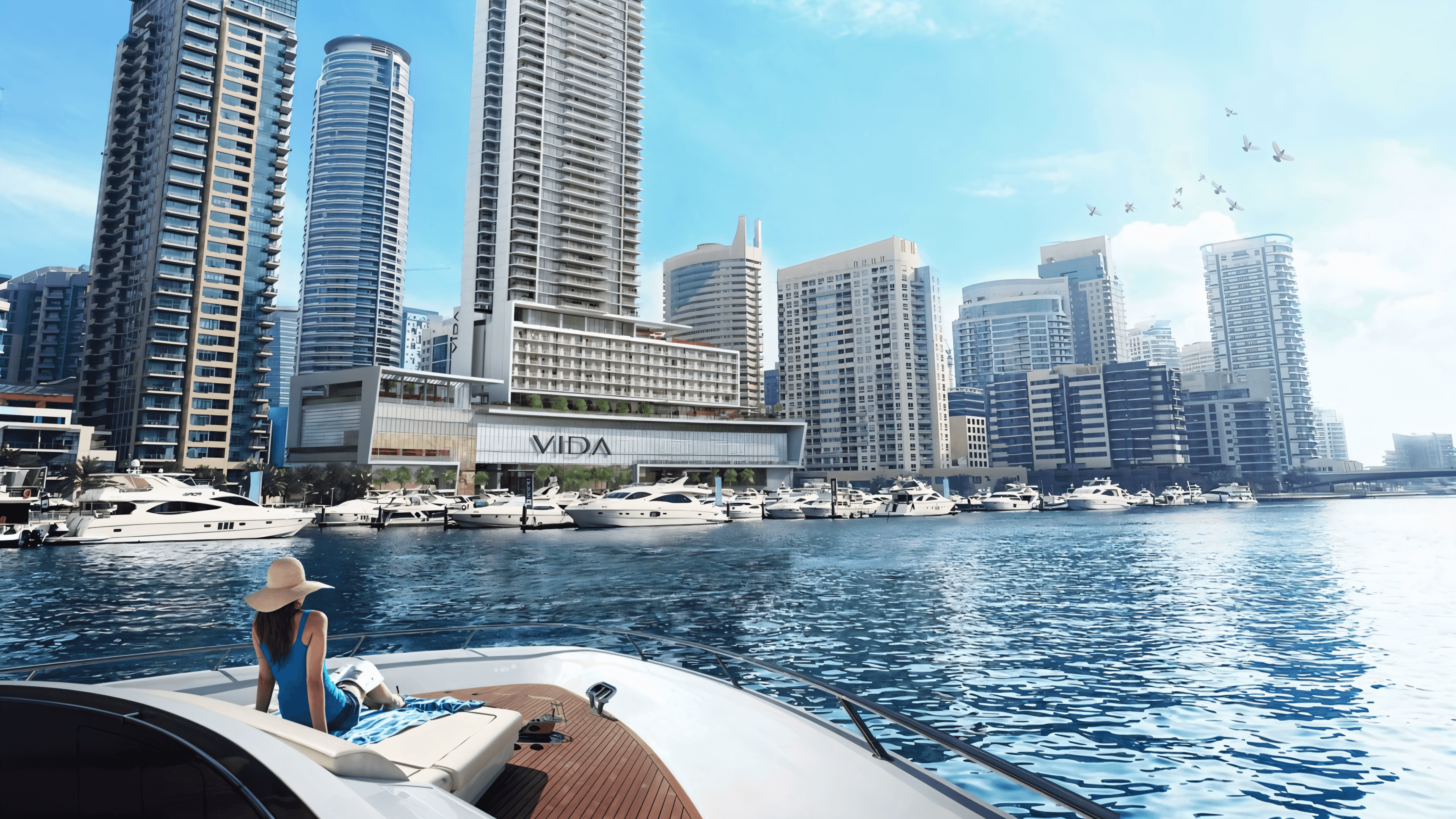 A woman sits on a boat with tall Dubai buildings in the background, enjoying the view of the city skyline.