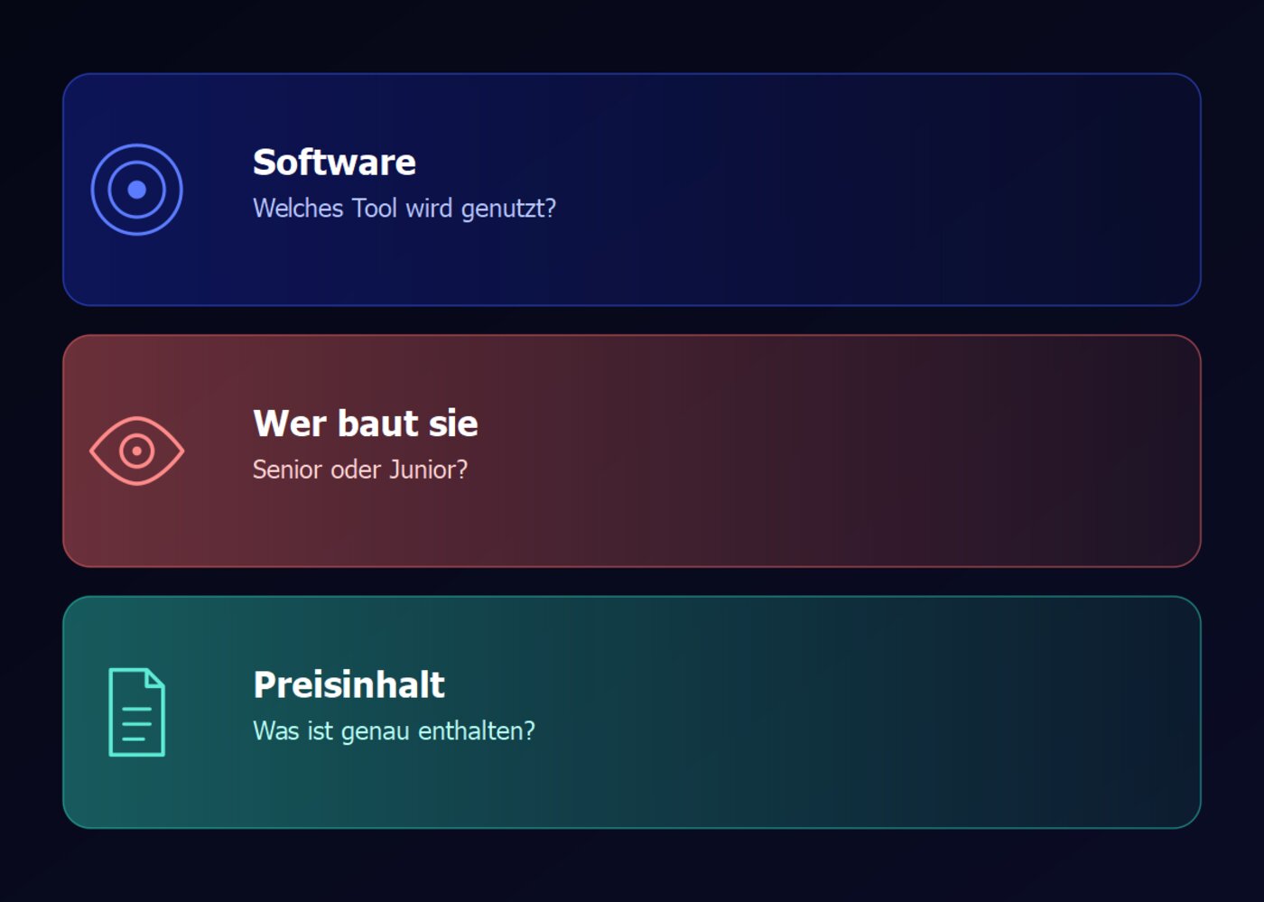 Drei Karten: Software, Wer baut die Website, Preisinhalt
