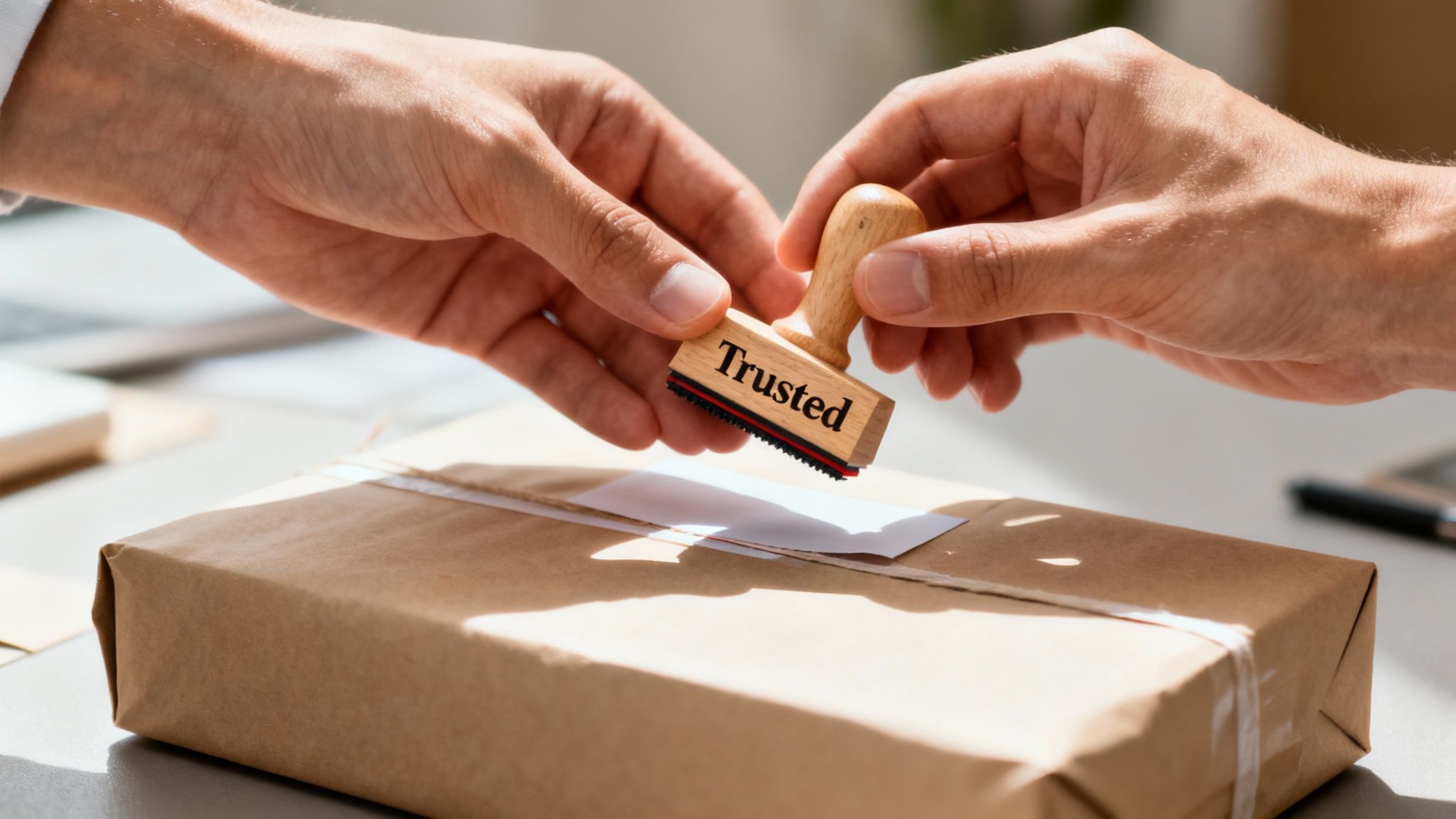 Two hands are about to stamp a brown paper package with a 'Trusted' rubber stamp.