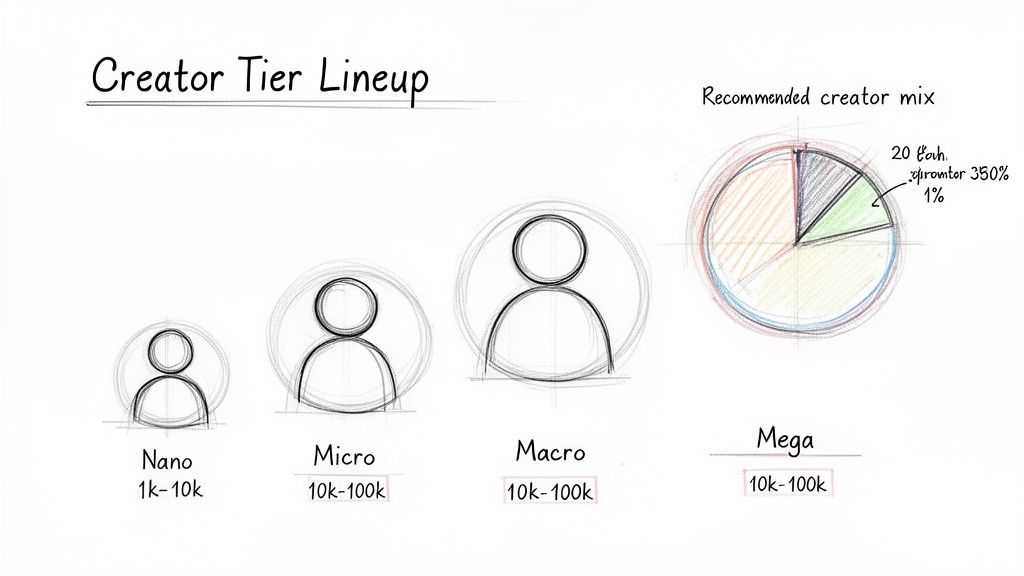 A hand-drawn sketch illustrating creator tiers (Nano, Micro, Macro, Mega) and a recommended creator mix pie chart.