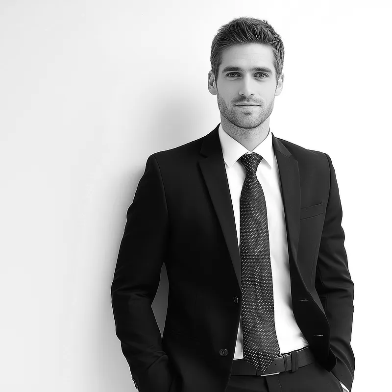 Portrait eines jungen selbstbewussten Mannes in einem schwarzen Anzug