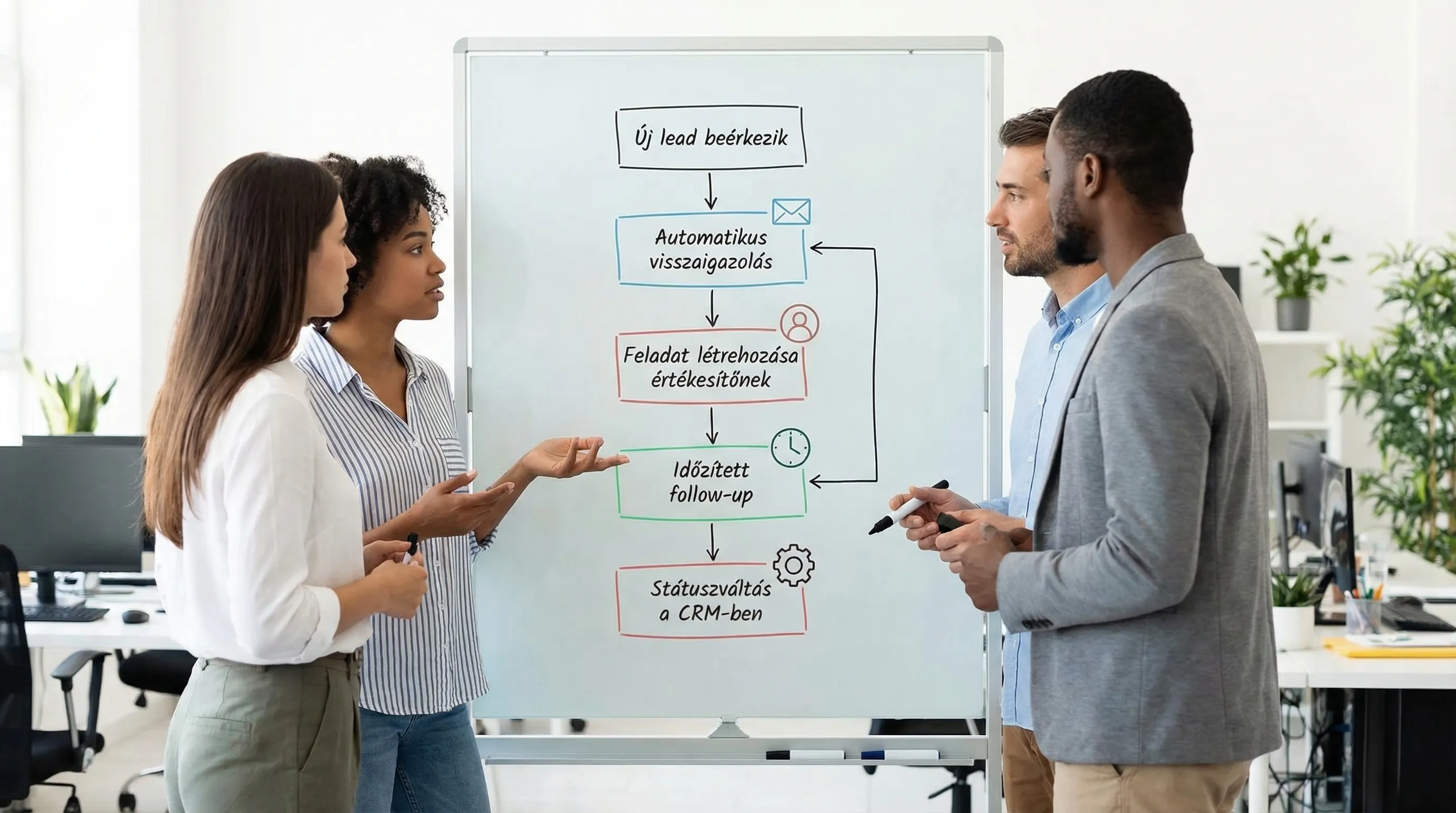 Egyszerű CRM e-mail automatizálási folyamatábra: Új lead beérkezik, automatikus visszaigazolás, feladat létrehozása értékesítőnek, majd időzített follow-up és státuszváltás a CRM-ben.