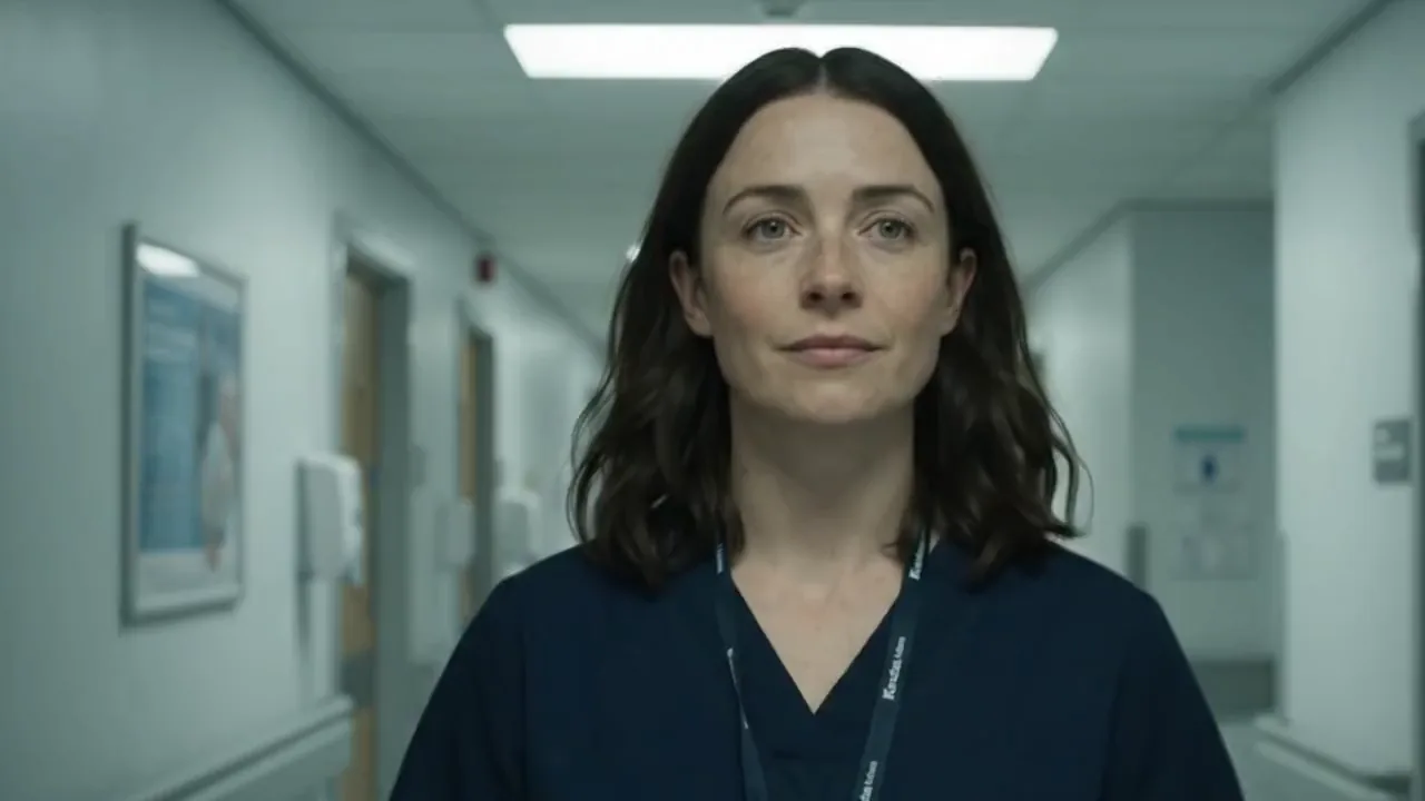 Ada as a junior doctor in a corridor