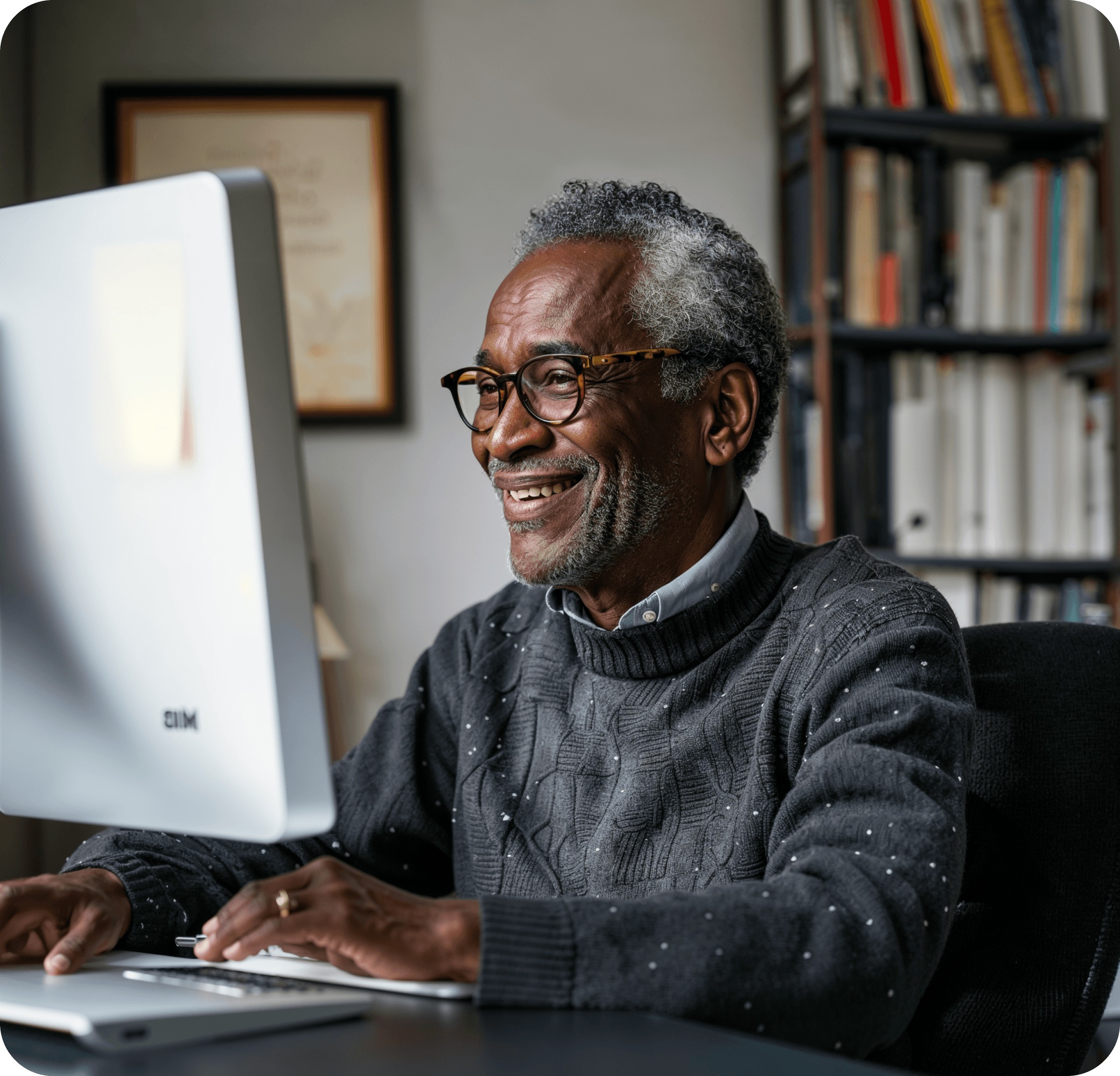 A photo of an older man sitting in front of his computer smiling