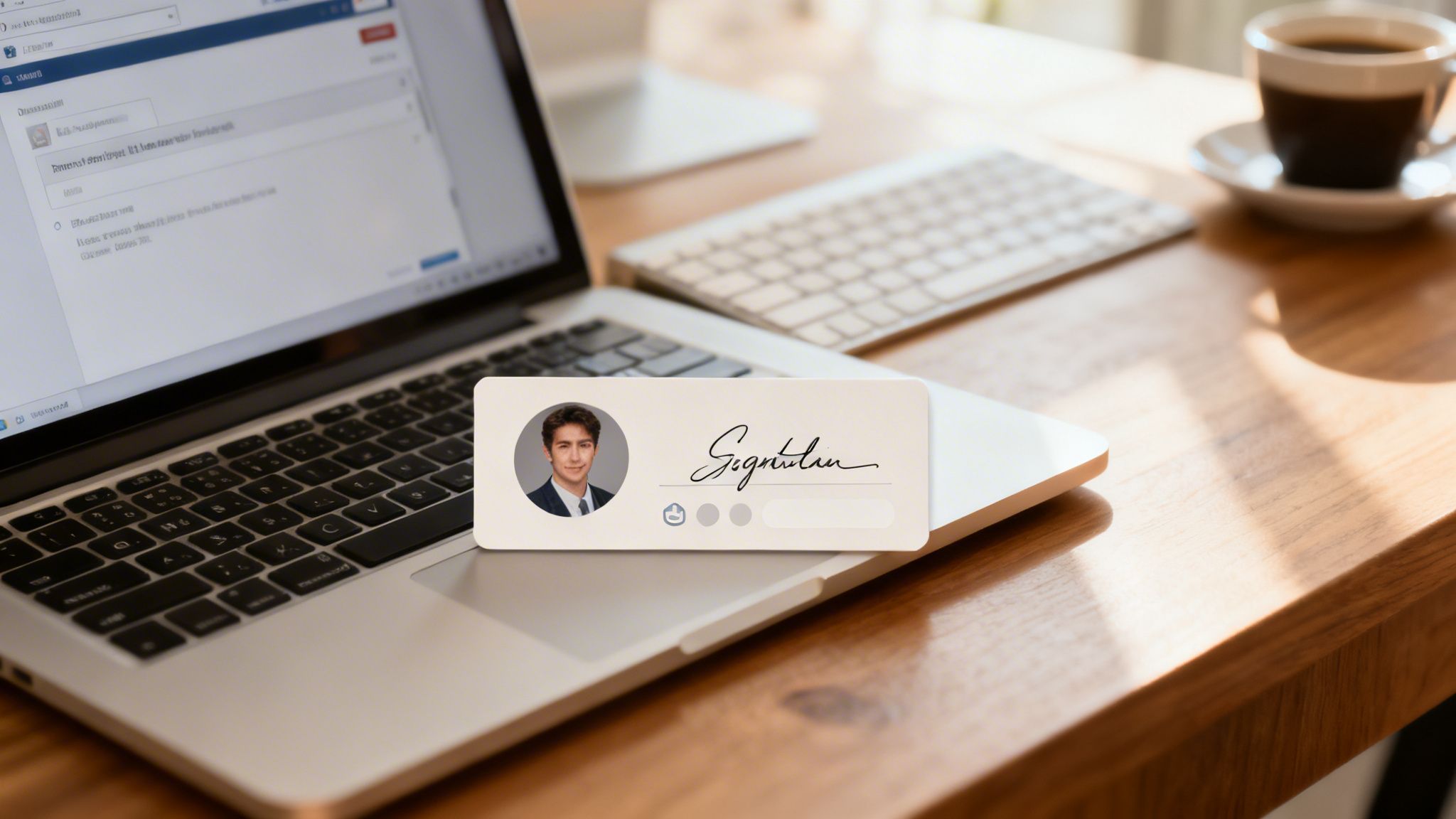 Laptop mit E-Mail-Programm und digitaler Signaturkarte auf einem Holztisch in einem Büro.