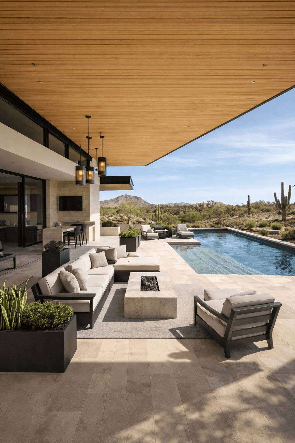 A serene outdoor lounge area with two chairs surrounded by lush greenery and natural light streaming in.