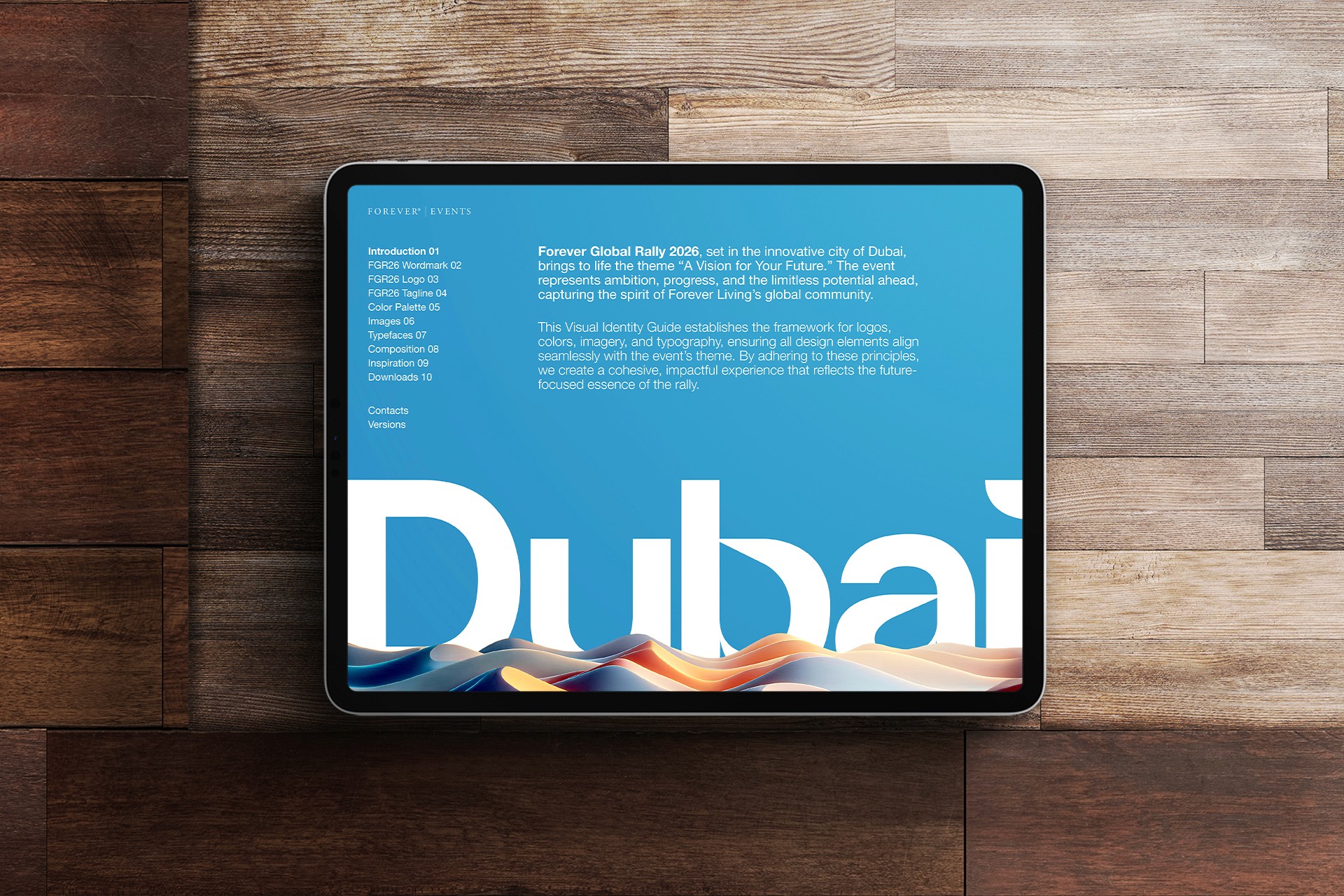 Event style guide set on an iPad on a wooden background