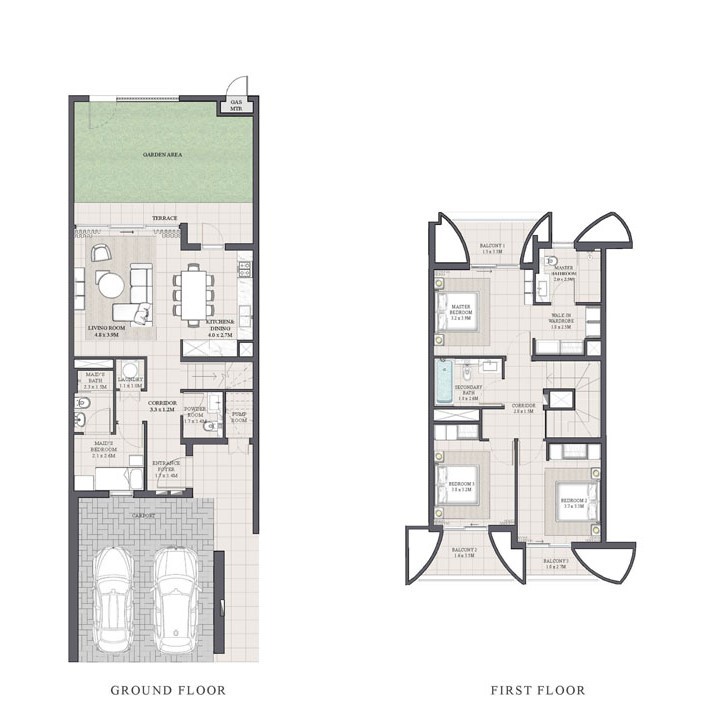 Floor plan of a three-bedroom townhouse in Anya 2, Dubai, showcasing room layout and dimensions.