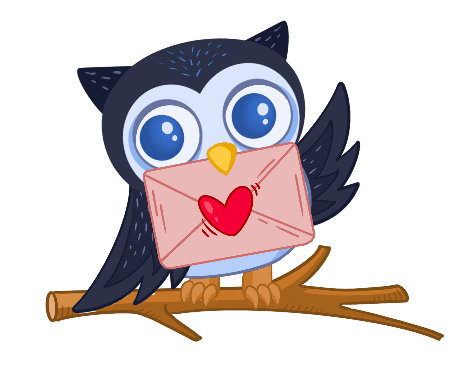 Owl mascot on a branch, holding a love letter in her beak