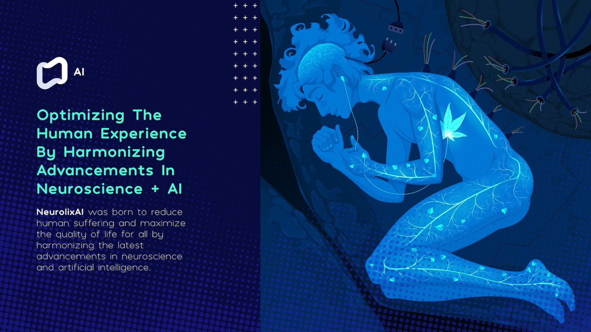 Neurolix AI brand mission slide with tagline "Optimizing The Human Experience By Harmonizing Advancements In Neuroscience + AI" featuring custom illustration of translucent human figure with glowing neural network pathways and botanical elements on dark blue background.
