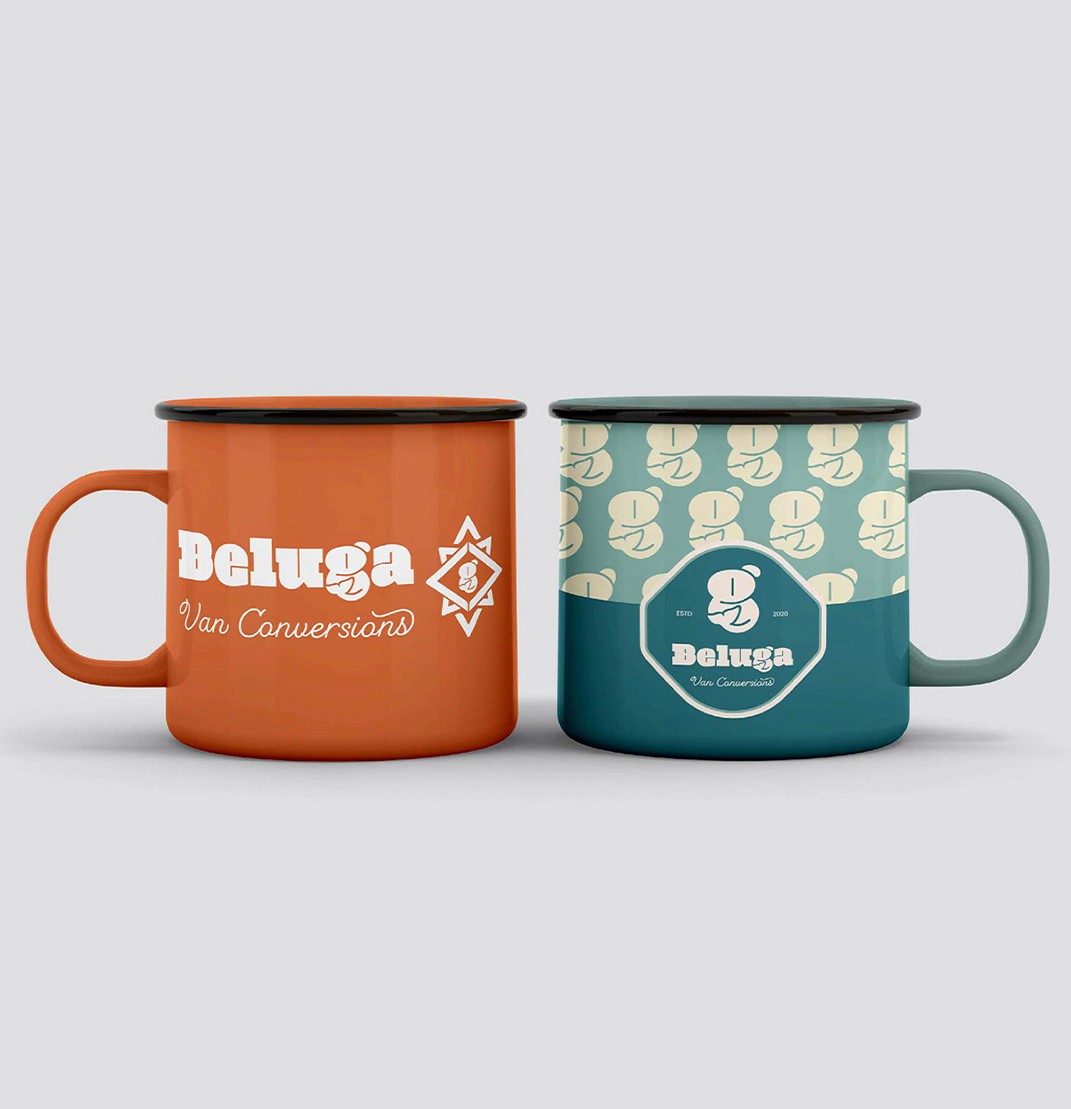 Two Beluga van camping mug designs 