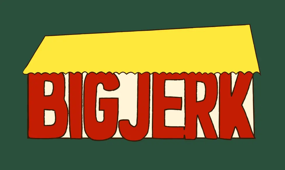 The Big Jerk shack sign: yellow awning over red BIGJERK lettering