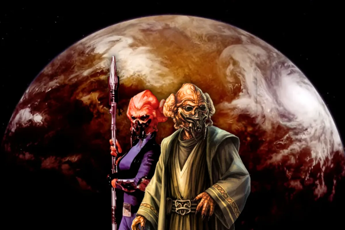 Illustration of Jedi Master Plo Koon and another Kel Dor warrior standing in front of the planet Dorin. Plo Koon wears his traditional Jedi robes and breathing mask, while the other Kel Dor, clad in dark armor, holds a long spear-like weapon. The reddish-brown surface of Dorin, their homeworld, is visible in the background against the darkness of space.