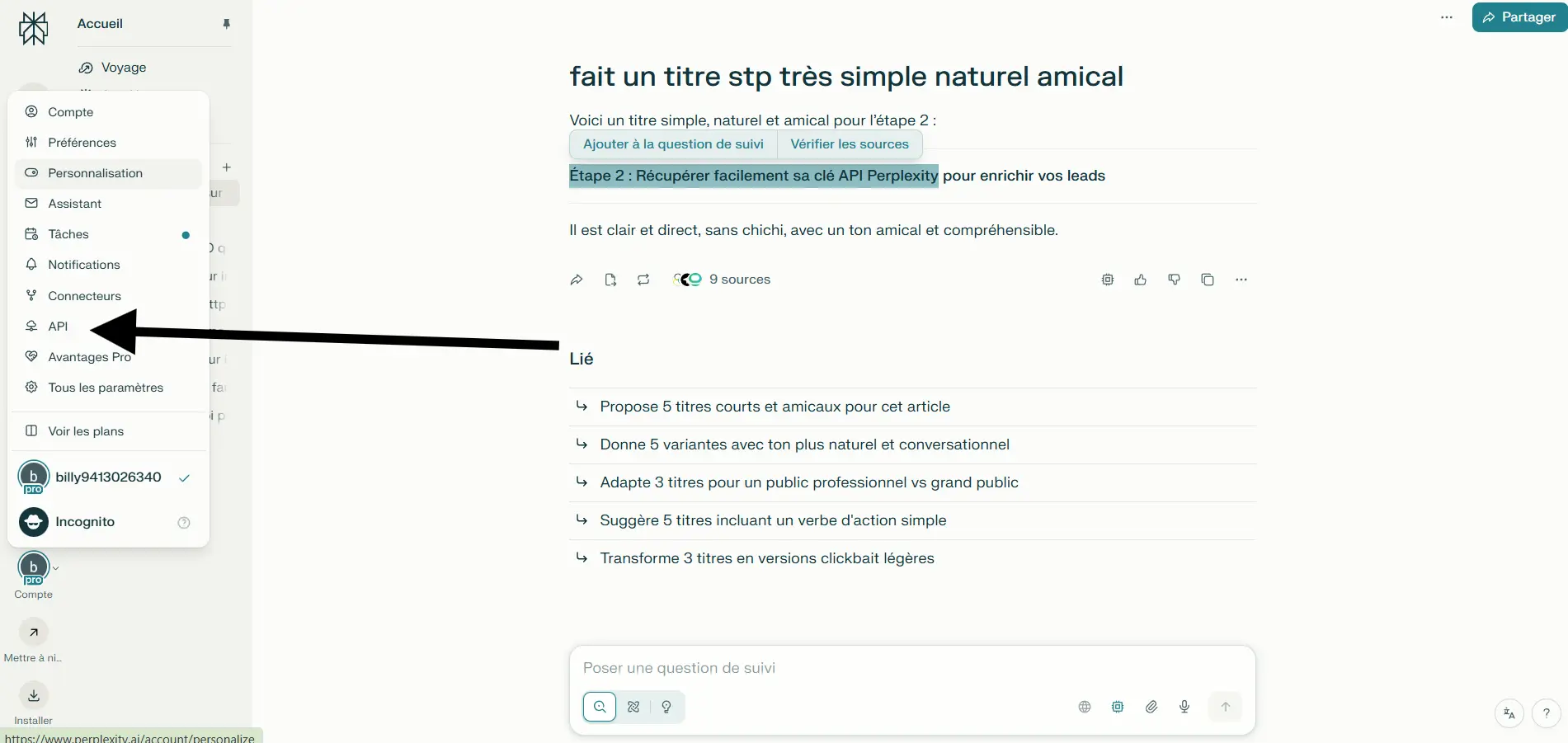 menu perplexity onglet API pour créer une clé d’accès