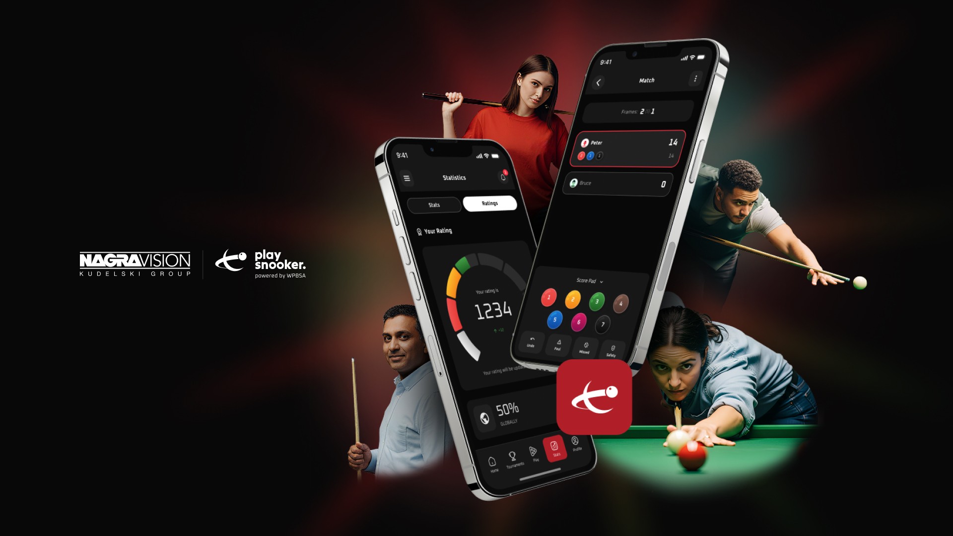 Imagery of the newly launched Play Snooker app with NAGRAVISION's logo