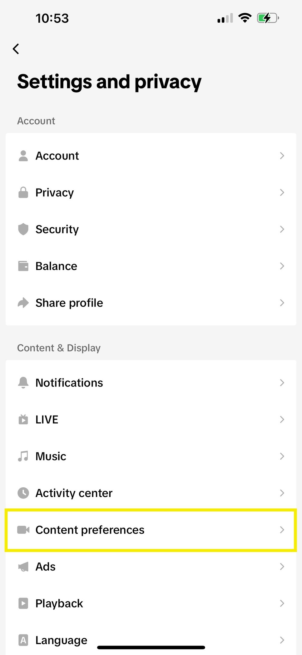 Screenshot of Settings and privacy on TikTok