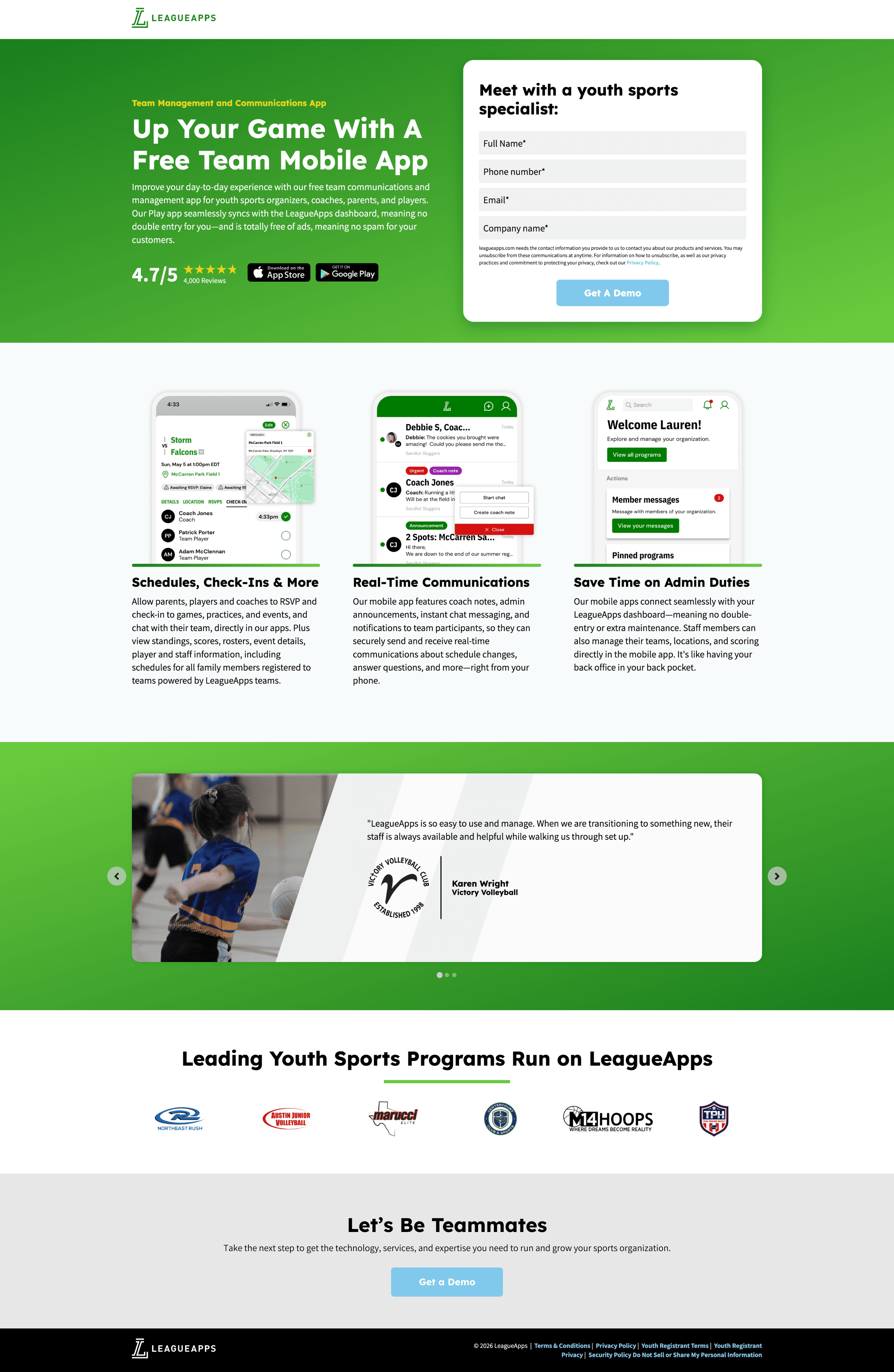 LeagueApps mobile app landing page